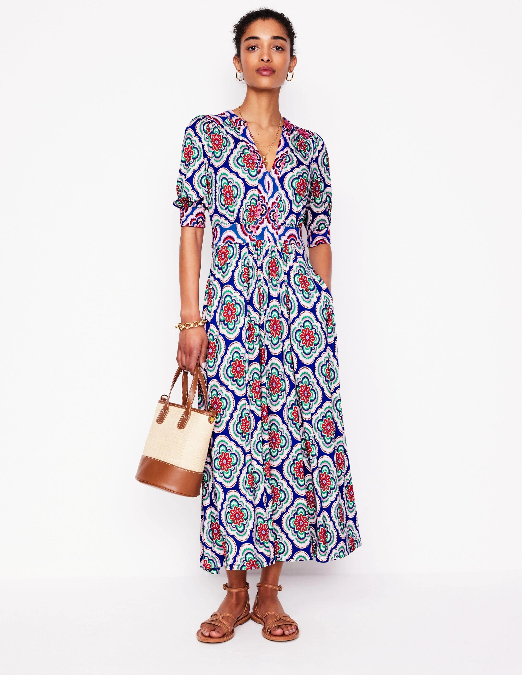 Lily Jersey Midi Tea Dress-Bright Blue, Botanic Blush Flowy Cut Urban Touch