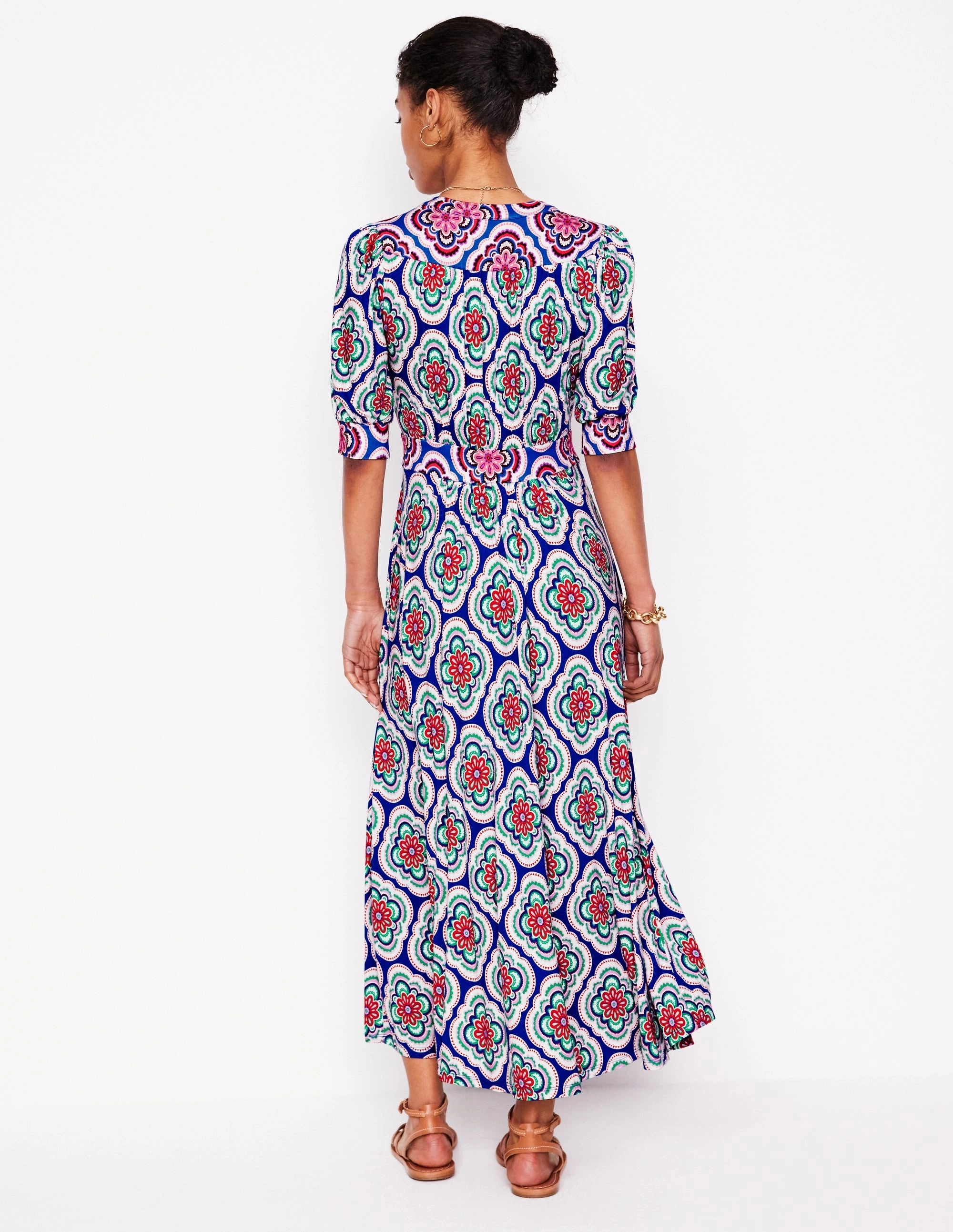 Cruise-Wear Pure Shape Lily Jersey Midi Tea Dress-Bright Blue, Botanic Blush