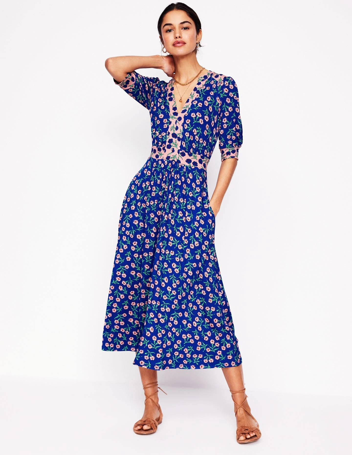 Lily Jersey Midi Tea Dress-Bright Blue, Carnation Sprig Edge Detail