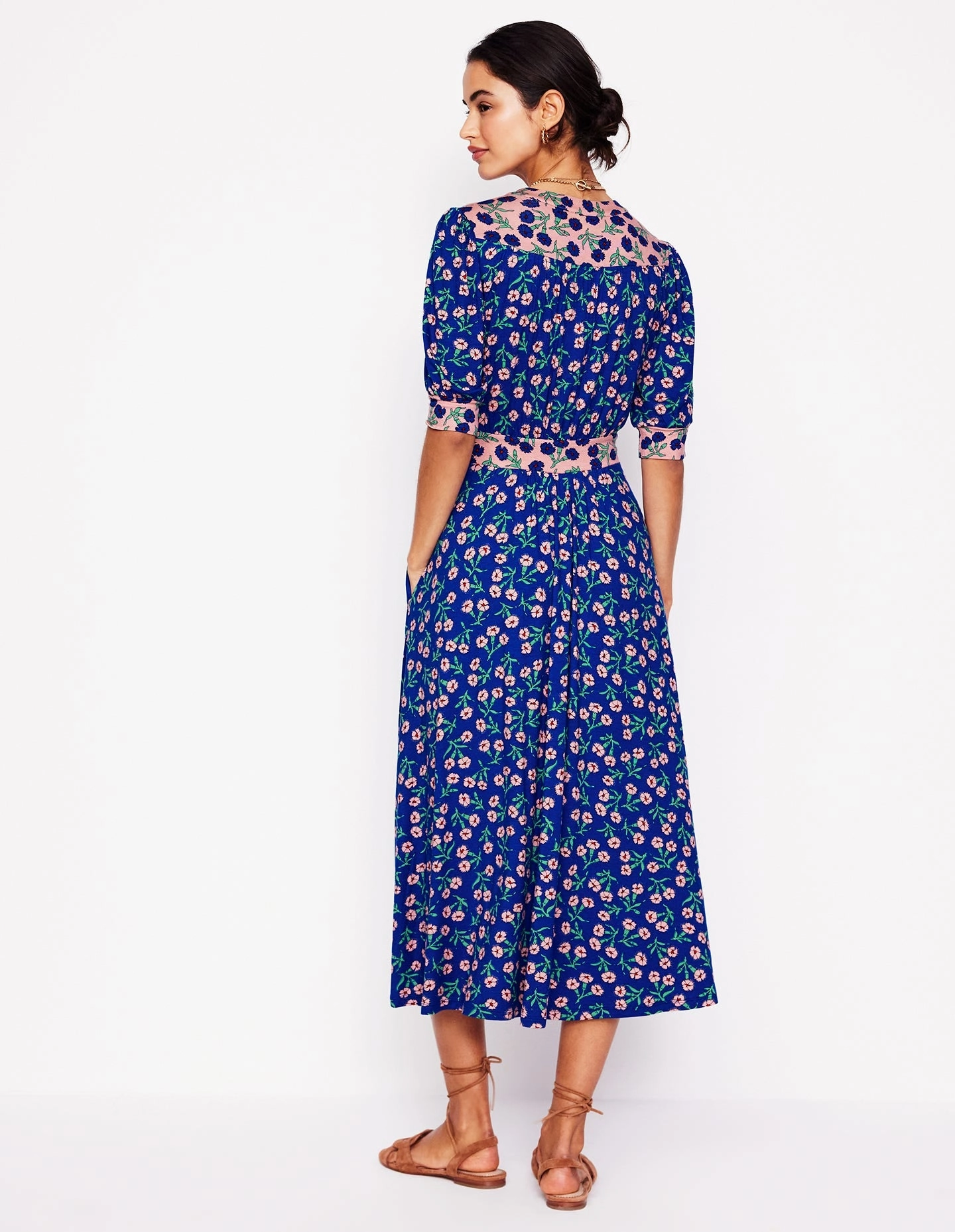 Classic knee-length dress Comfy Design Lily Jersey Midi Tea Dress-Bright Blue, Carnation Sprig