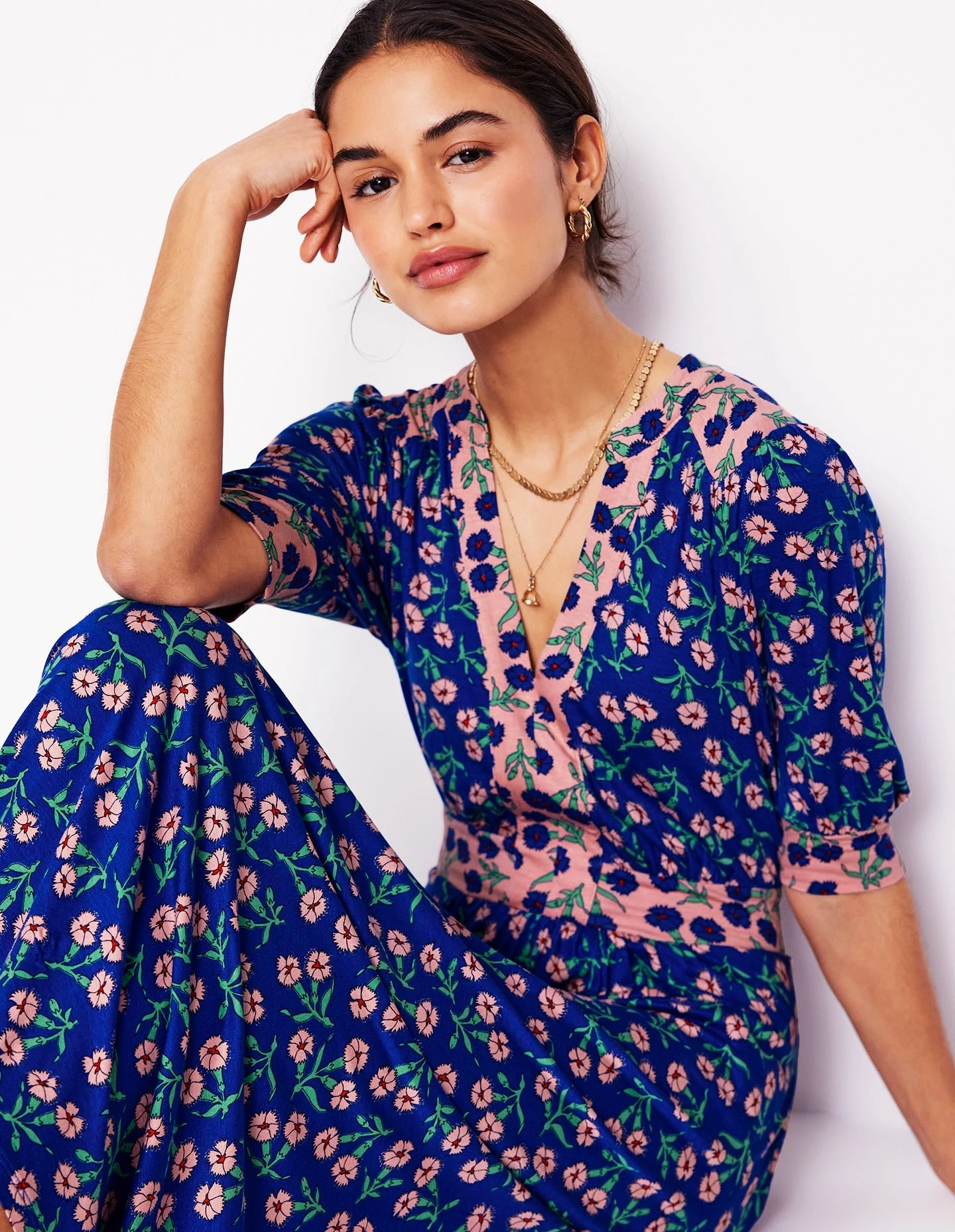 Lily Jersey Midi Tea Dress-Bright Blue, Carnation Sprig Velvet-Edge