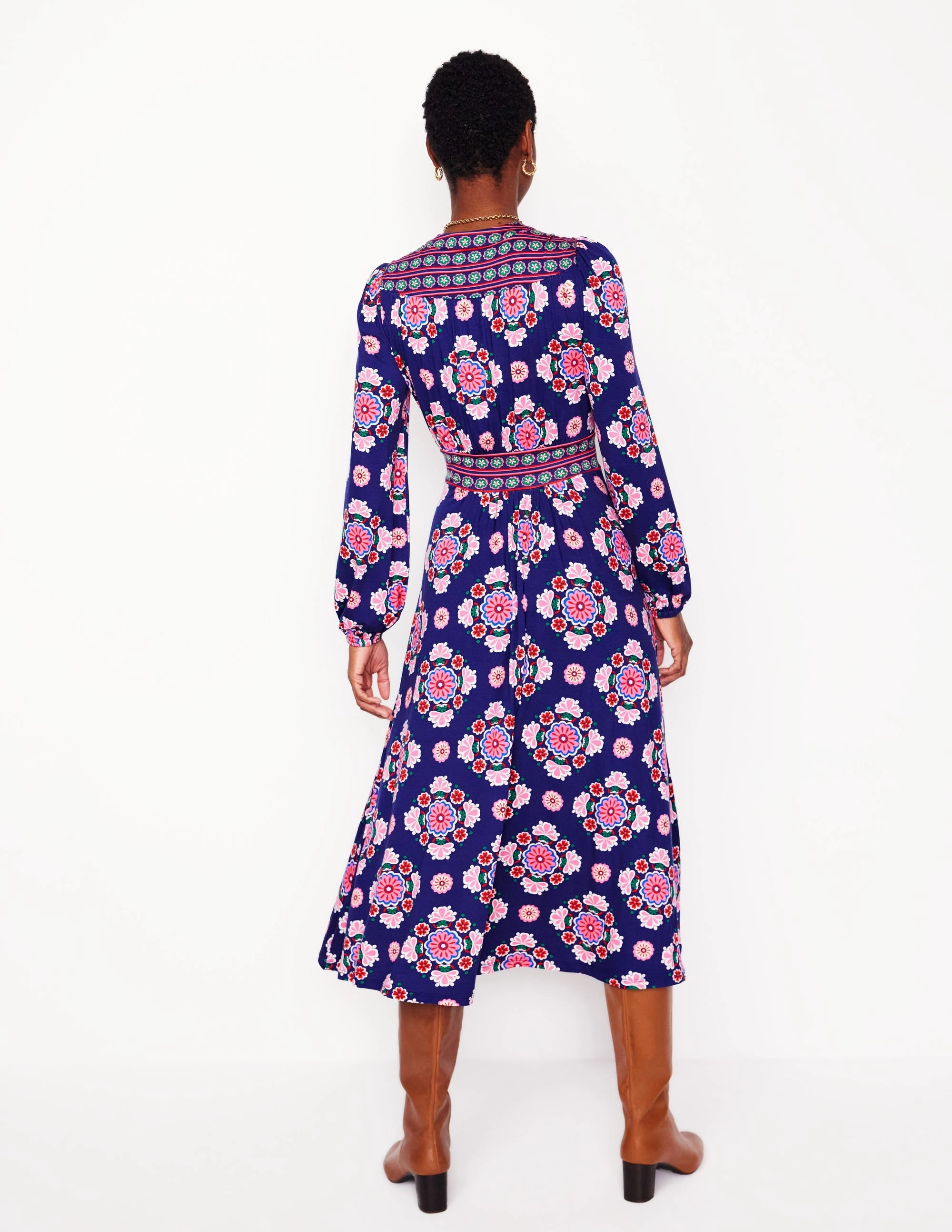 Sporty Look Clean Fit Lily Long Sleeve Midi Dress-Starboard Blue, Meadow Posy