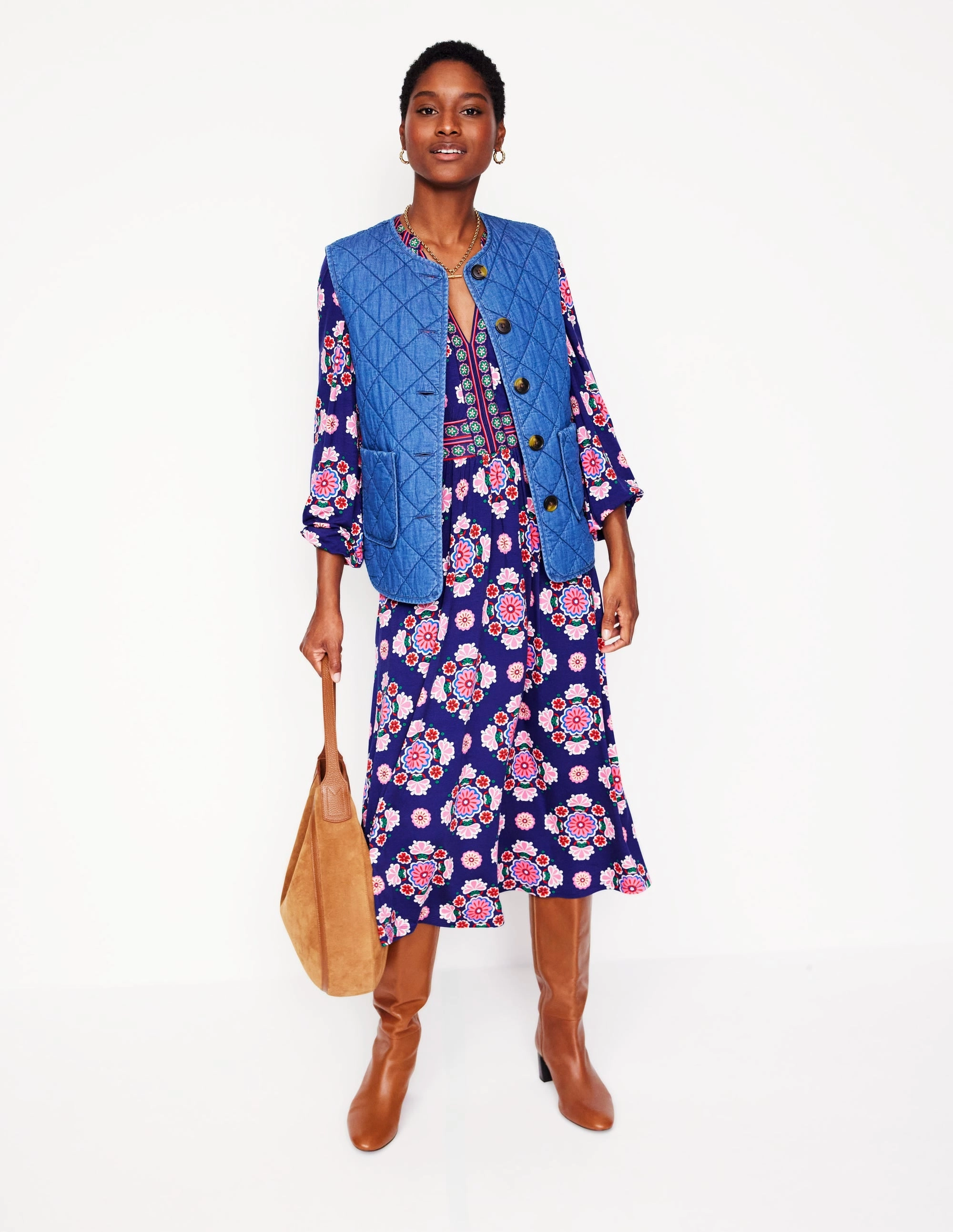 Lily Long Sleeve Midi Dress-Starboard Blue, Meadow Posy Smart And Comfortable