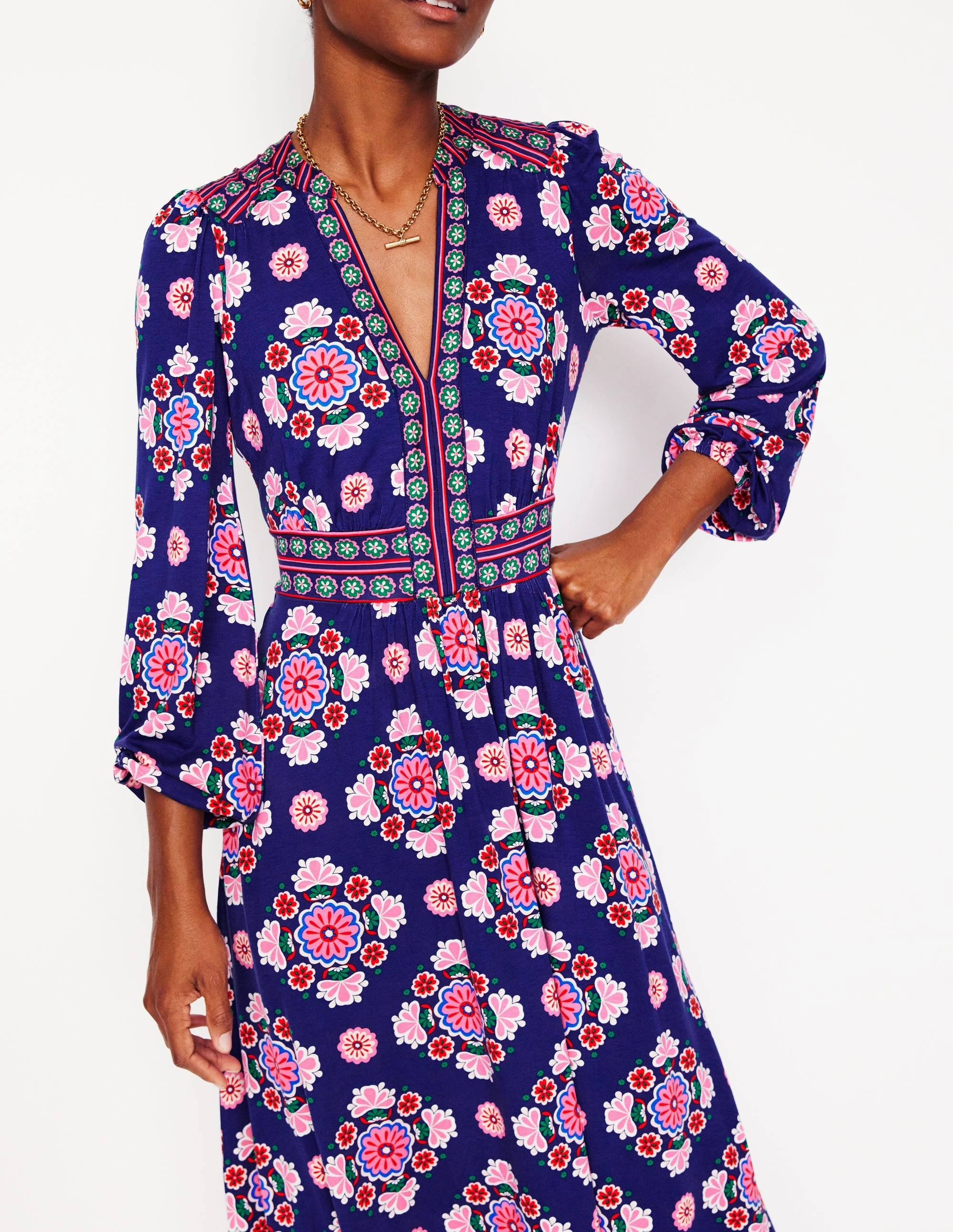 Jewel Tones SmoothEdgeFinish Lily Long Sleeve Midi Dress-Starboard Blue, Meadow Posy