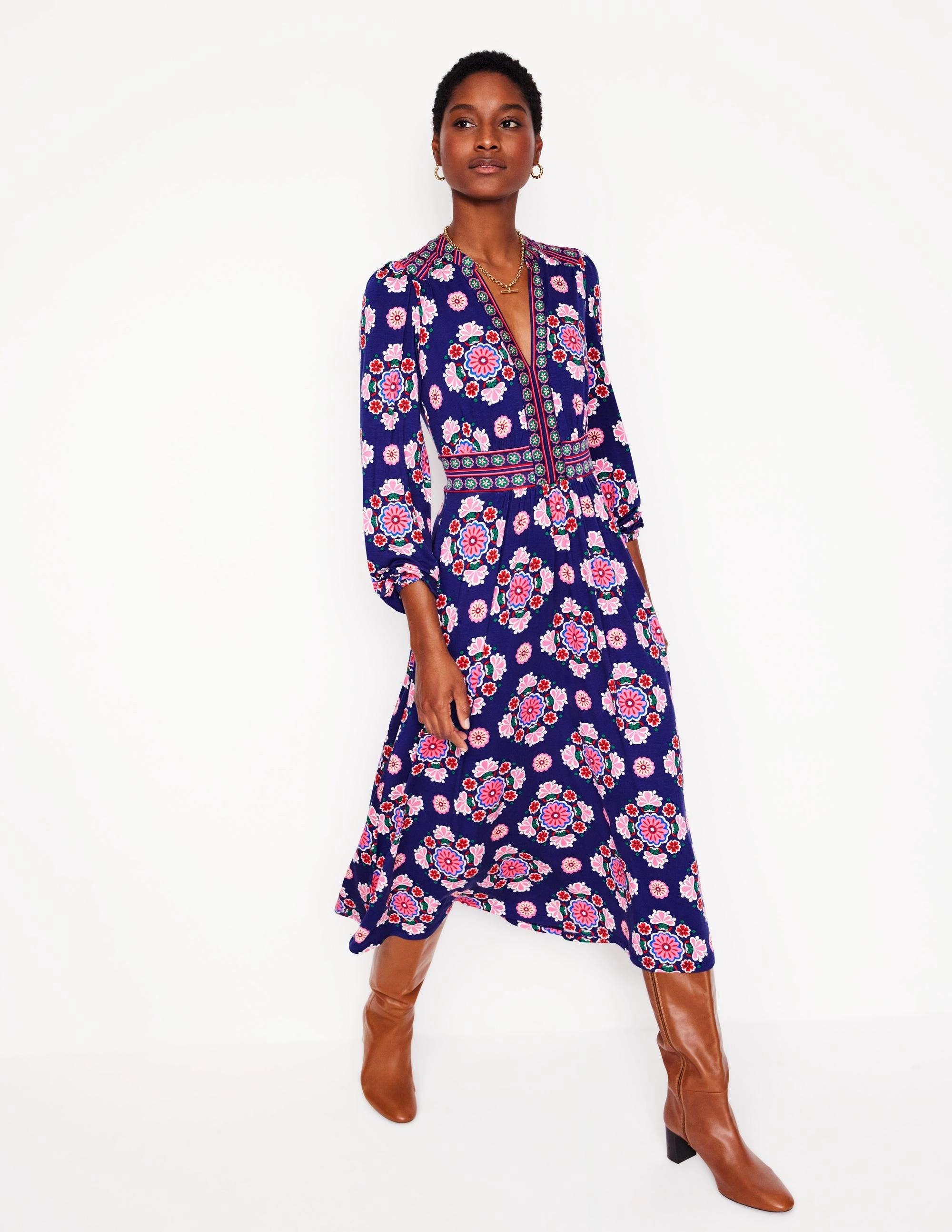 Chic Harmony Subtle Flow Lily Long Sleeve Midi Dress-Starboard Blue, Meadow Posy