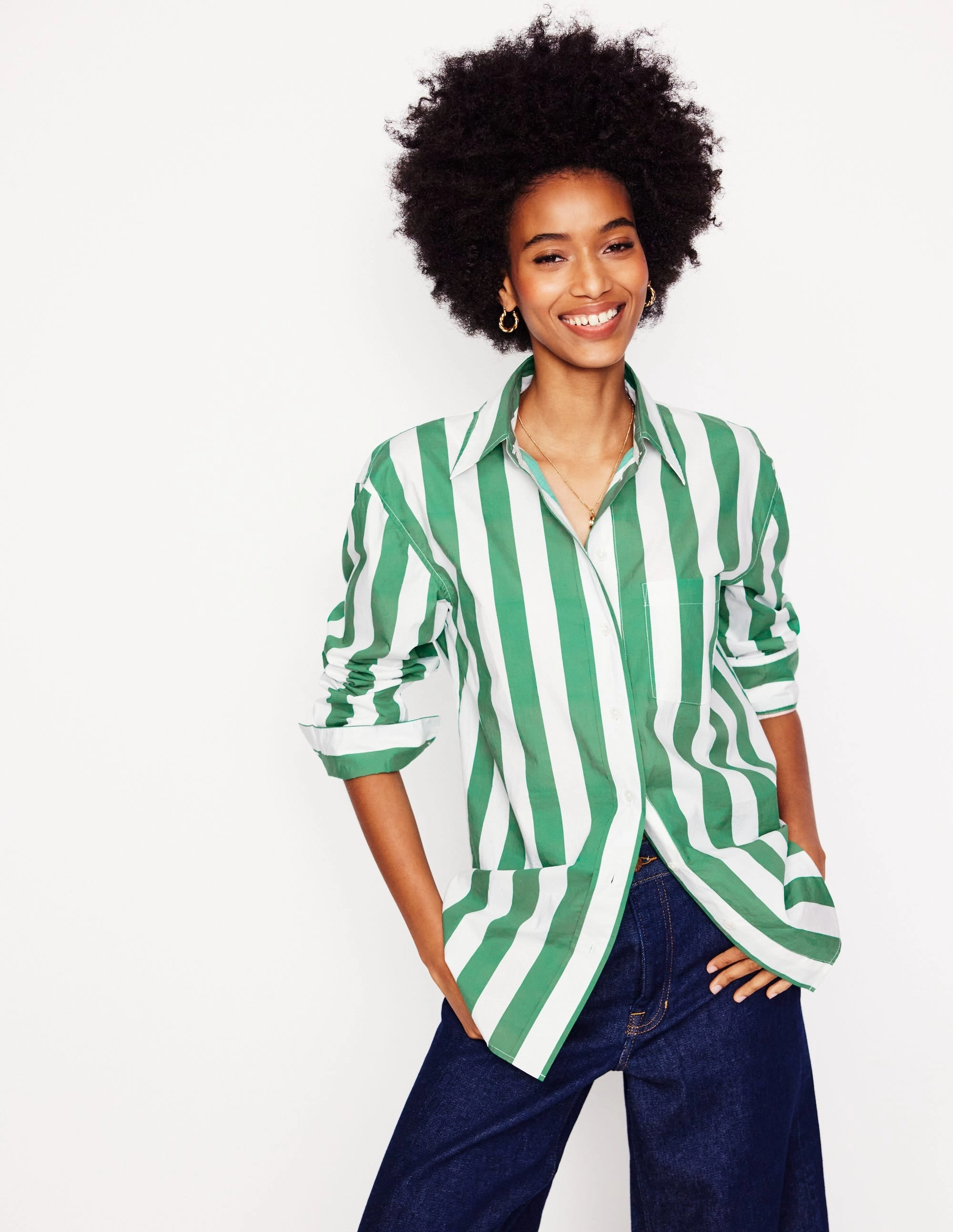 Sadie Relaxed Cotton Shirt-Rich Emerald Wide Stripe UV protected Fun and Playful