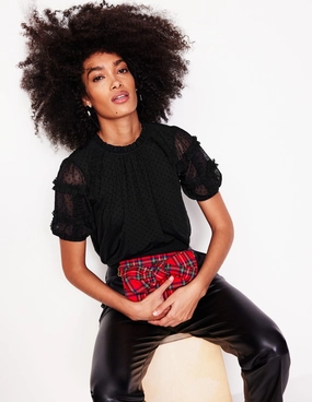 Recycled Polyester Thread Short-Sleeve Spotty Tulle Top-Black