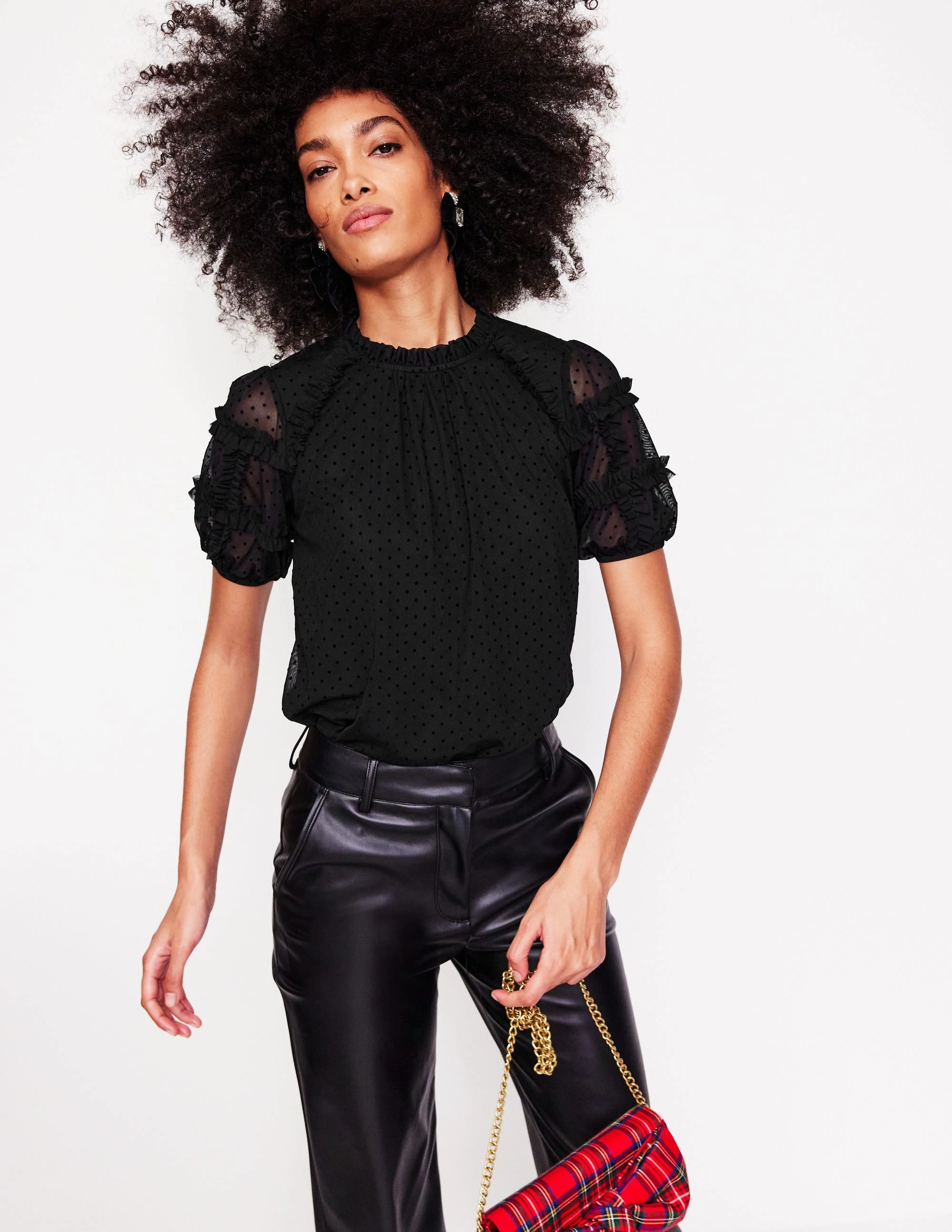 Casual Look Wear Comfy Performance Wear Short-Sleeve Spotty Tulle Top-Black