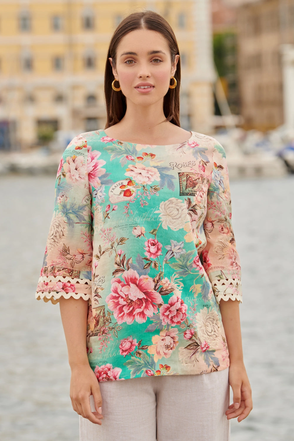 NoSlip Grip Linen Cuff Detail Top - French Bouquet Print