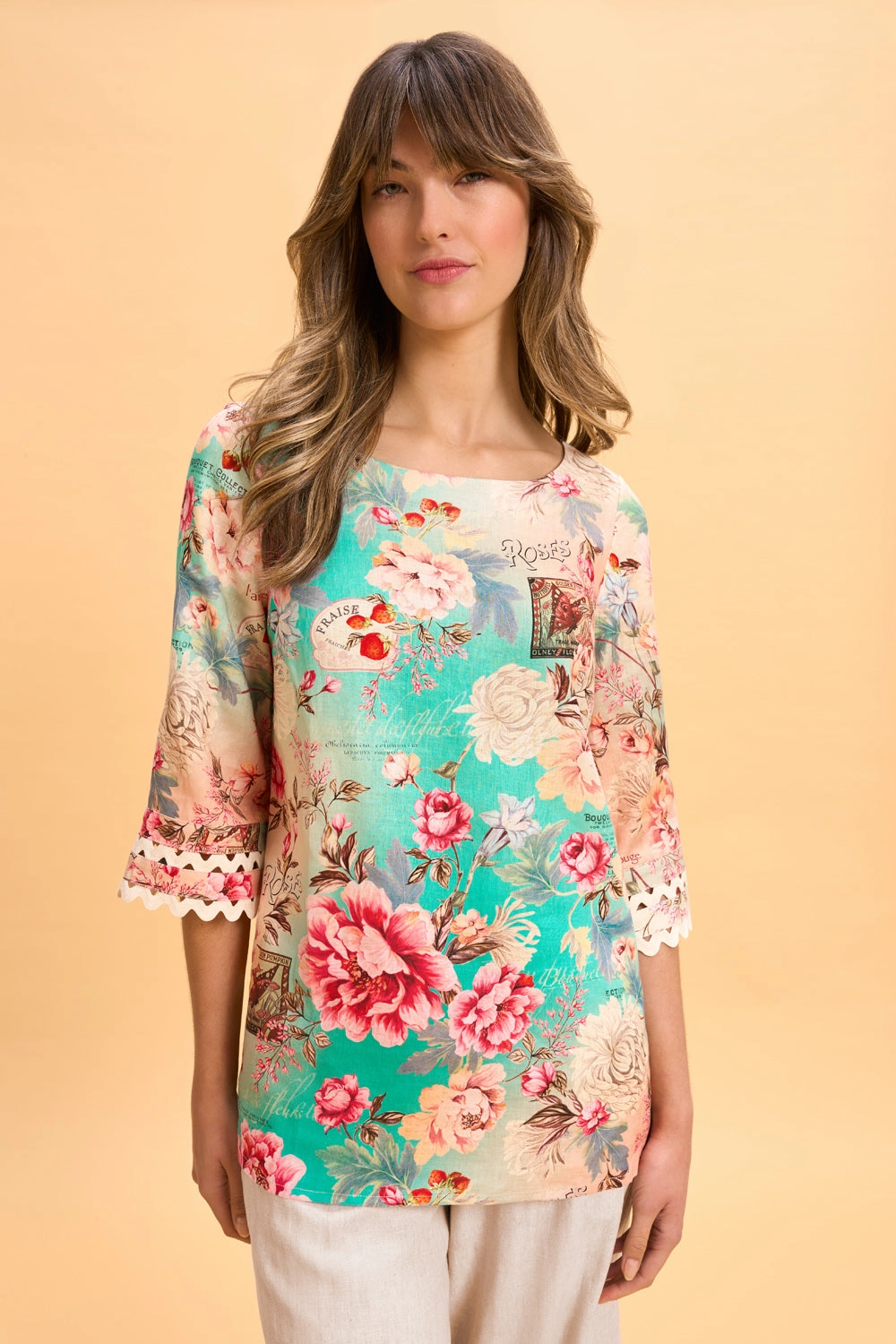 Hypoallergenic Inner Layer Grid Texture Fabric Linen Cuff Detail Top - French Bouquet Print