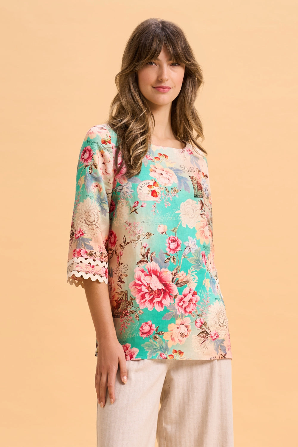 Linen Cuff Detail Top - French Bouquet Print Buttery Soft Feel