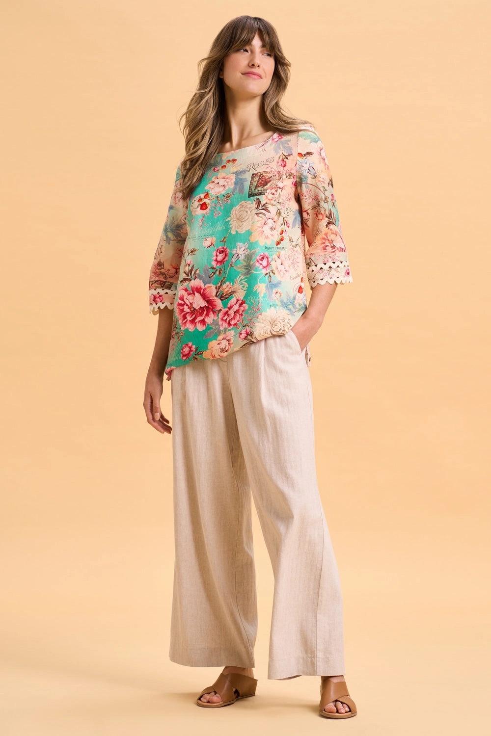 Reversible Layering Tech NonIrritating Seams Linen Cuff Detail Top - French Bouquet Print