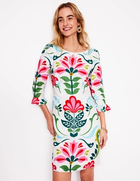 Layered-Sleeve Everyday Comfort Wear Linen Flute Sleeve Dress-Ivory, Decorative Stems