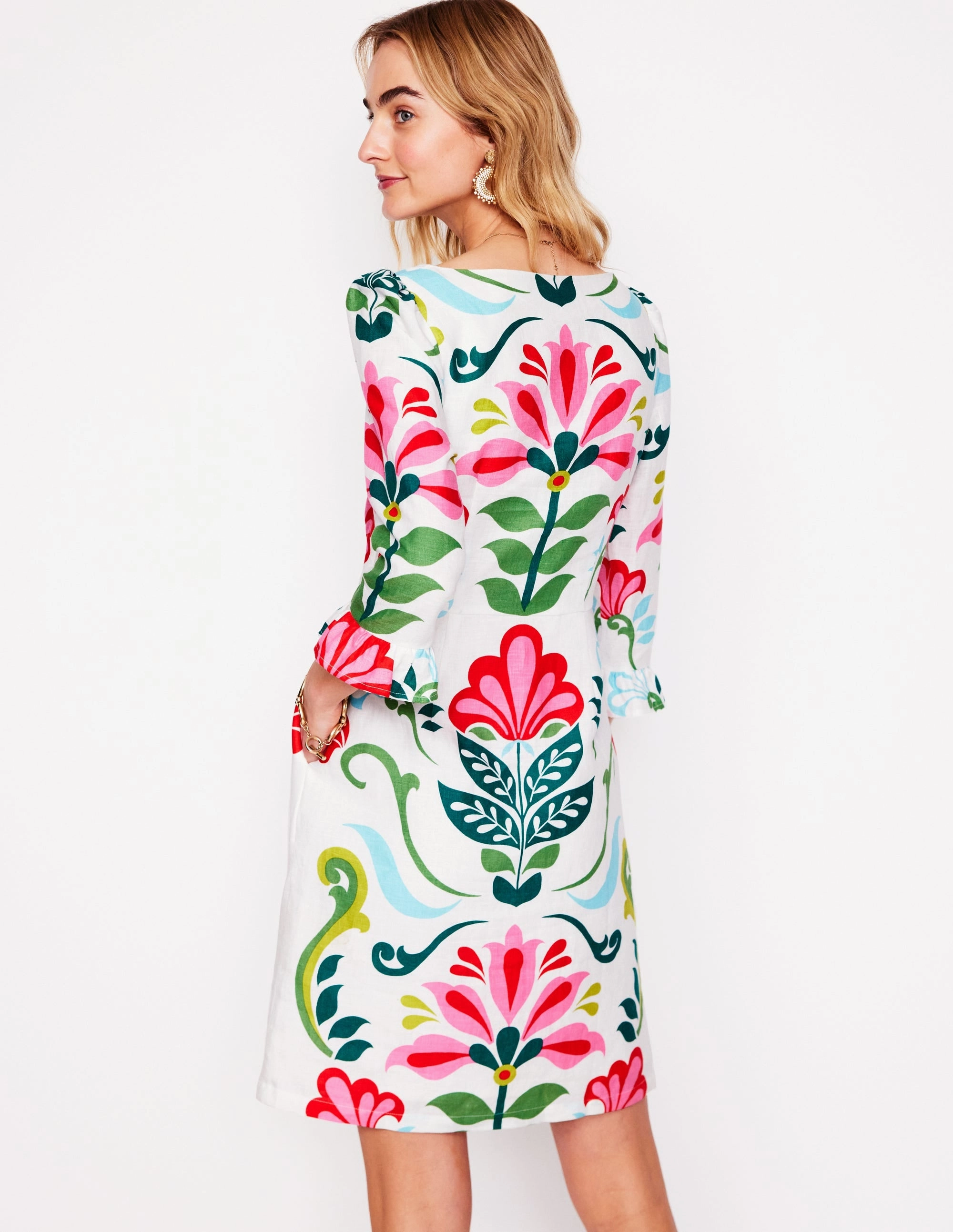 Linen Flute Sleeve Dress-Ivory, Decorative Stems London Edge Perfect Shape