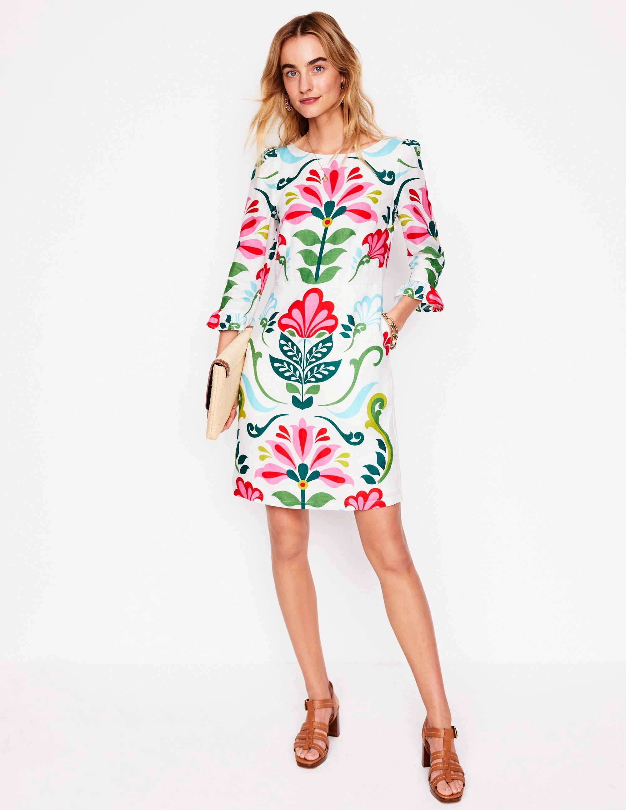 Linen Flute Sleeve Dress-Ivory, Decorative Stems Walk Grace Body Fit