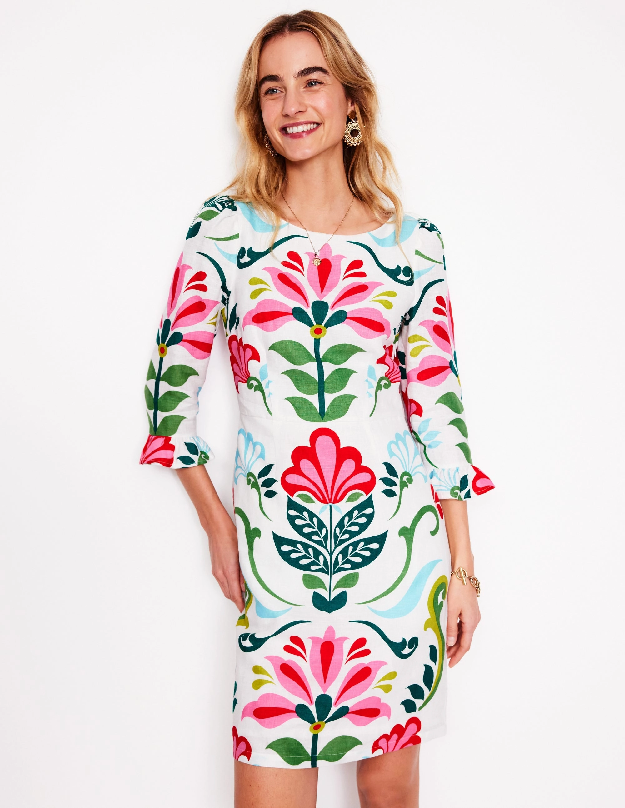 Layered-Sleeve Everyday Comfort Wear Linen Flute Sleeve Dress-Ivory, Decorative Stems