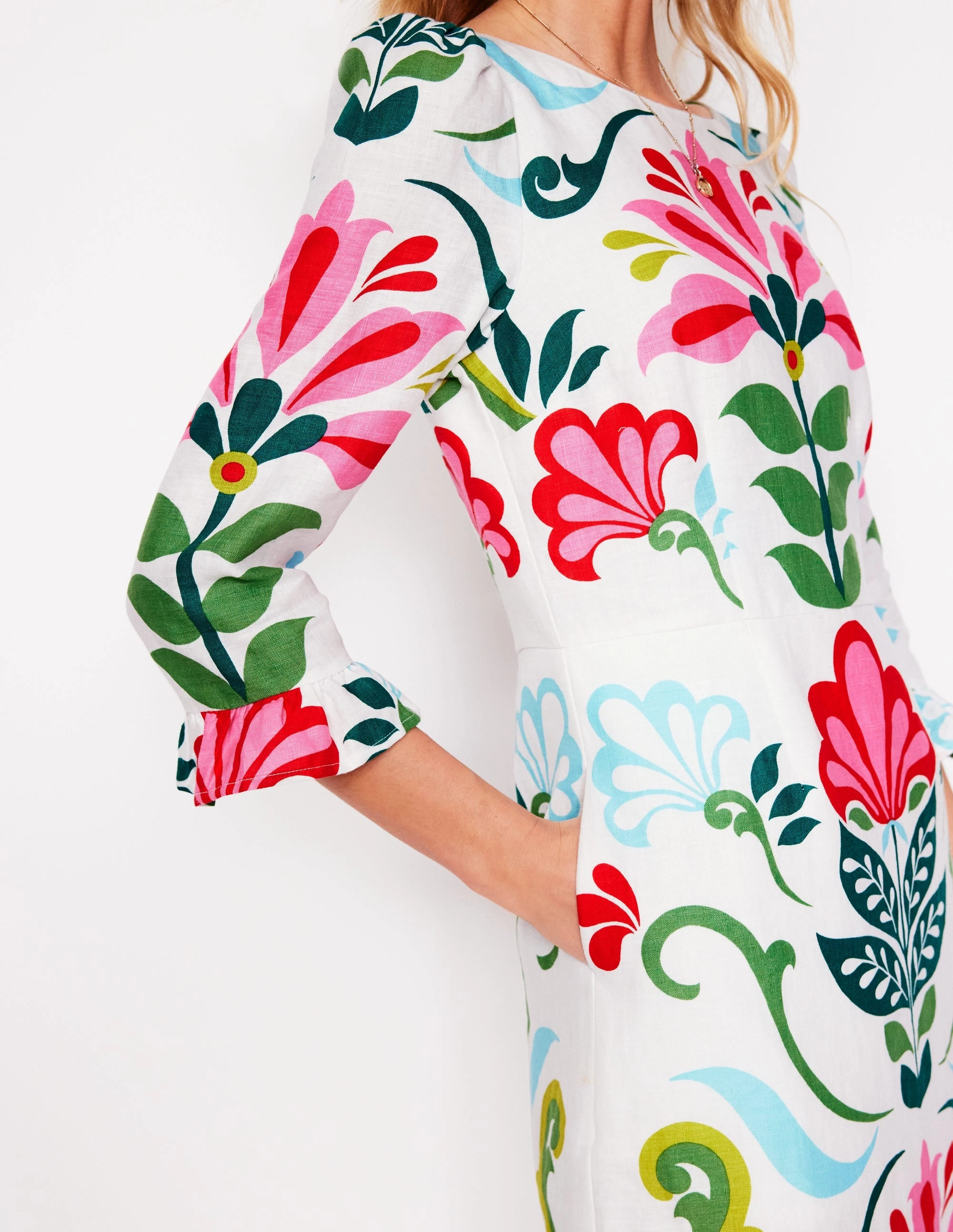 Linen Flute Sleeve Dress-Ivory, Decorative Stems Soft and Smooth Satin Touch