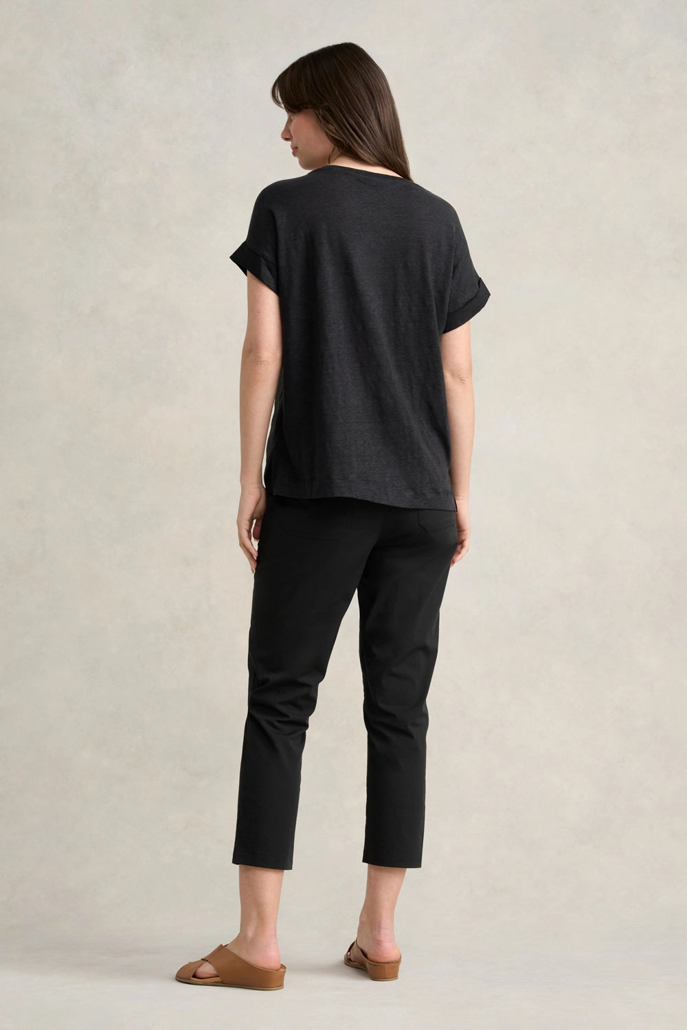 Ribbed Hem Tencel Cotton Hybrid Weave Linen Mix Top - Black
