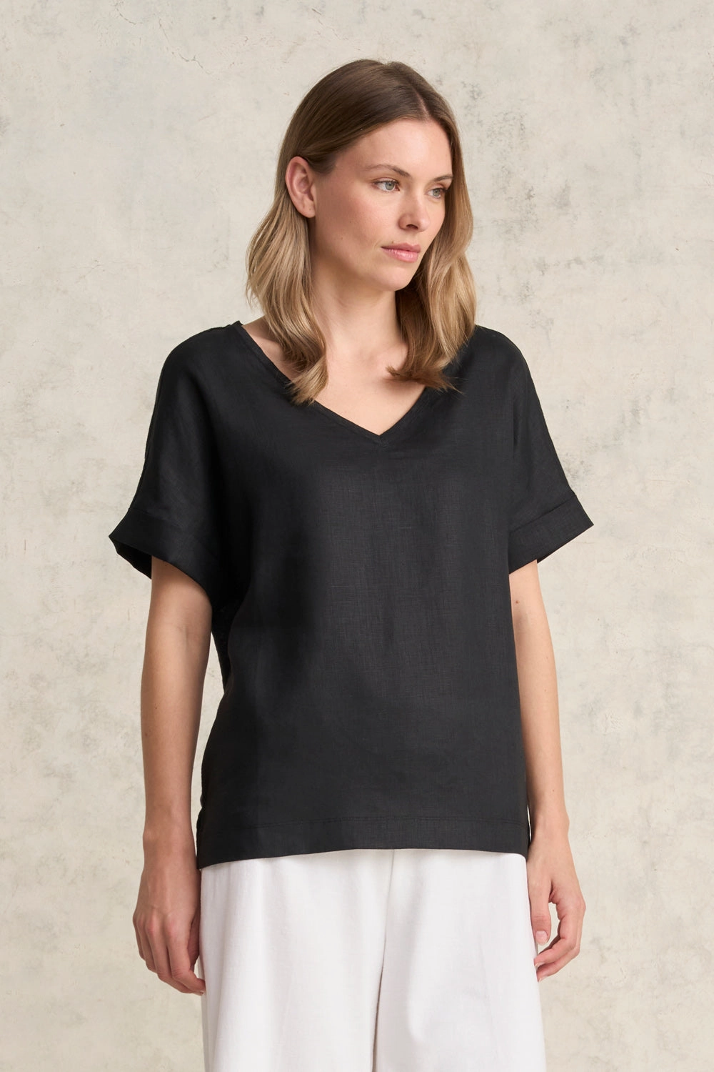 LowMaintenance Comfy Style Linen Mix V-Neck Top - Black