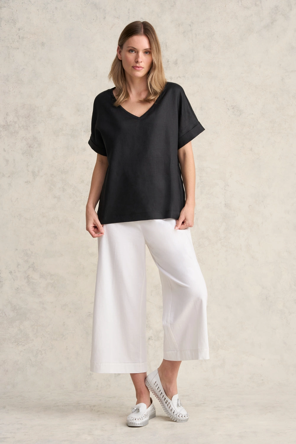Soft Texture Formal Shirt Linen Mix V-Neck Top - Black