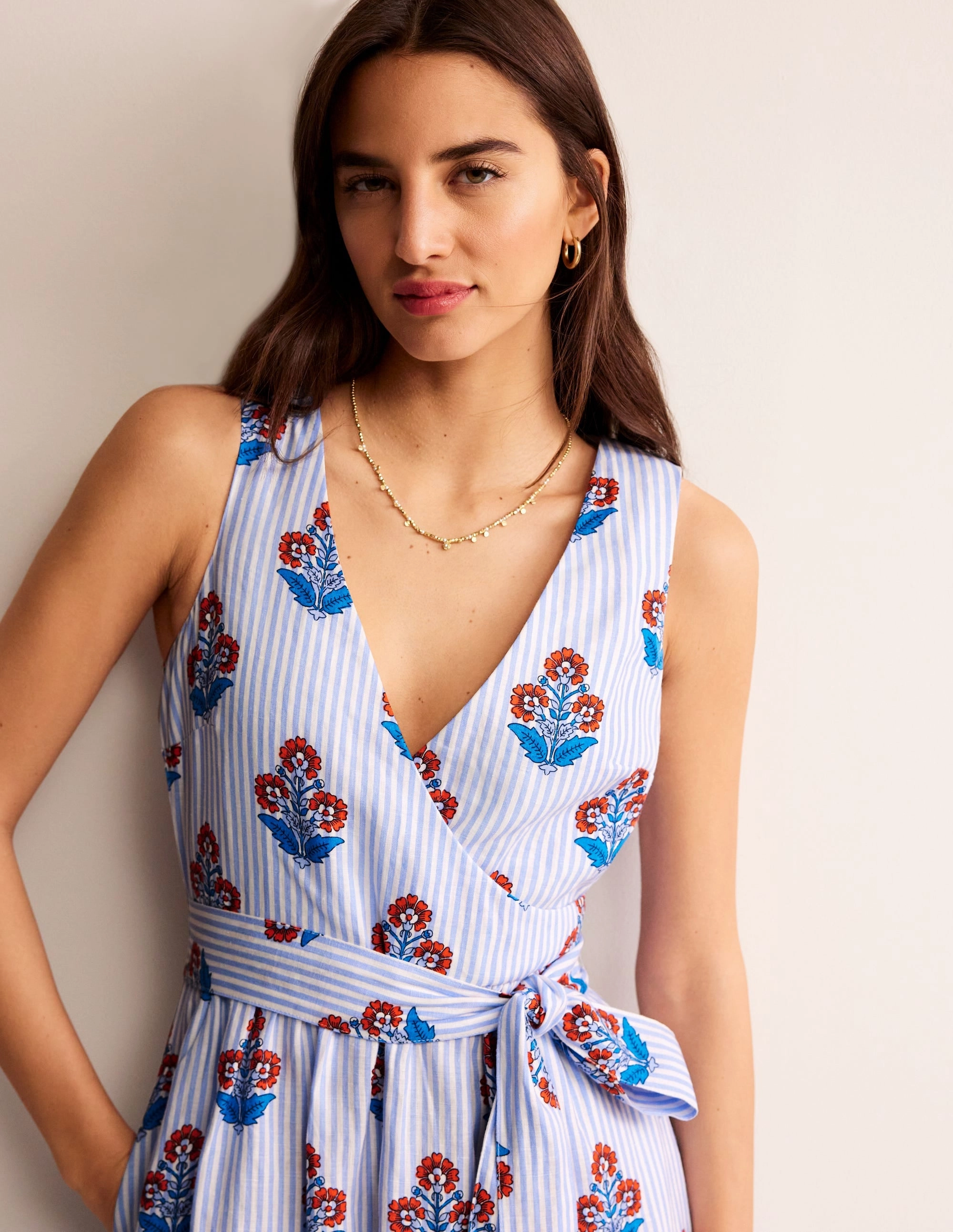 Mature Glam Easy-Storage Linen Wrap Midi Dress-Mandarin Orange, Floret Stem