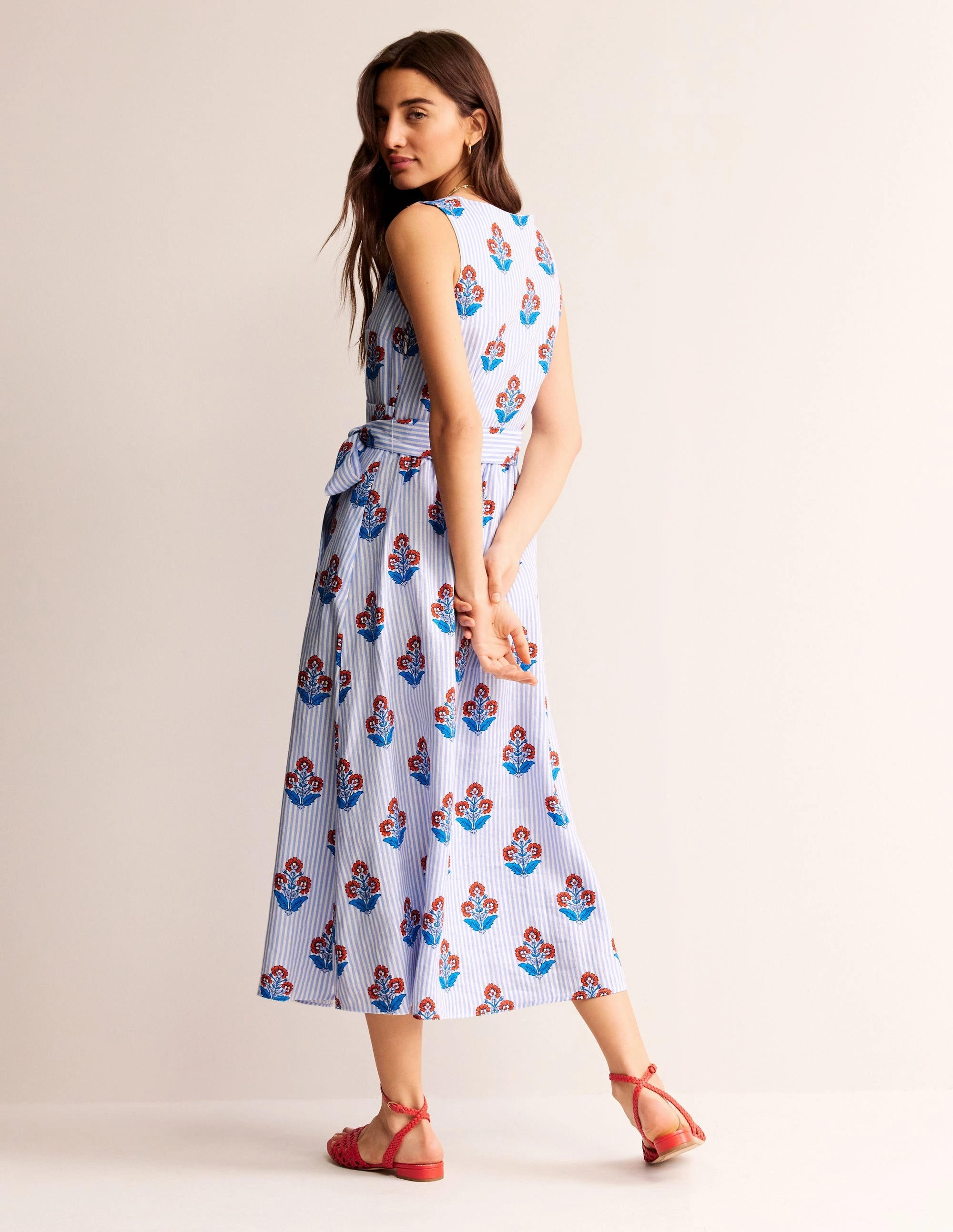 Artisanal-Detail Linen Wrap Midi Dress-Mandarin Orange, Floret Stem