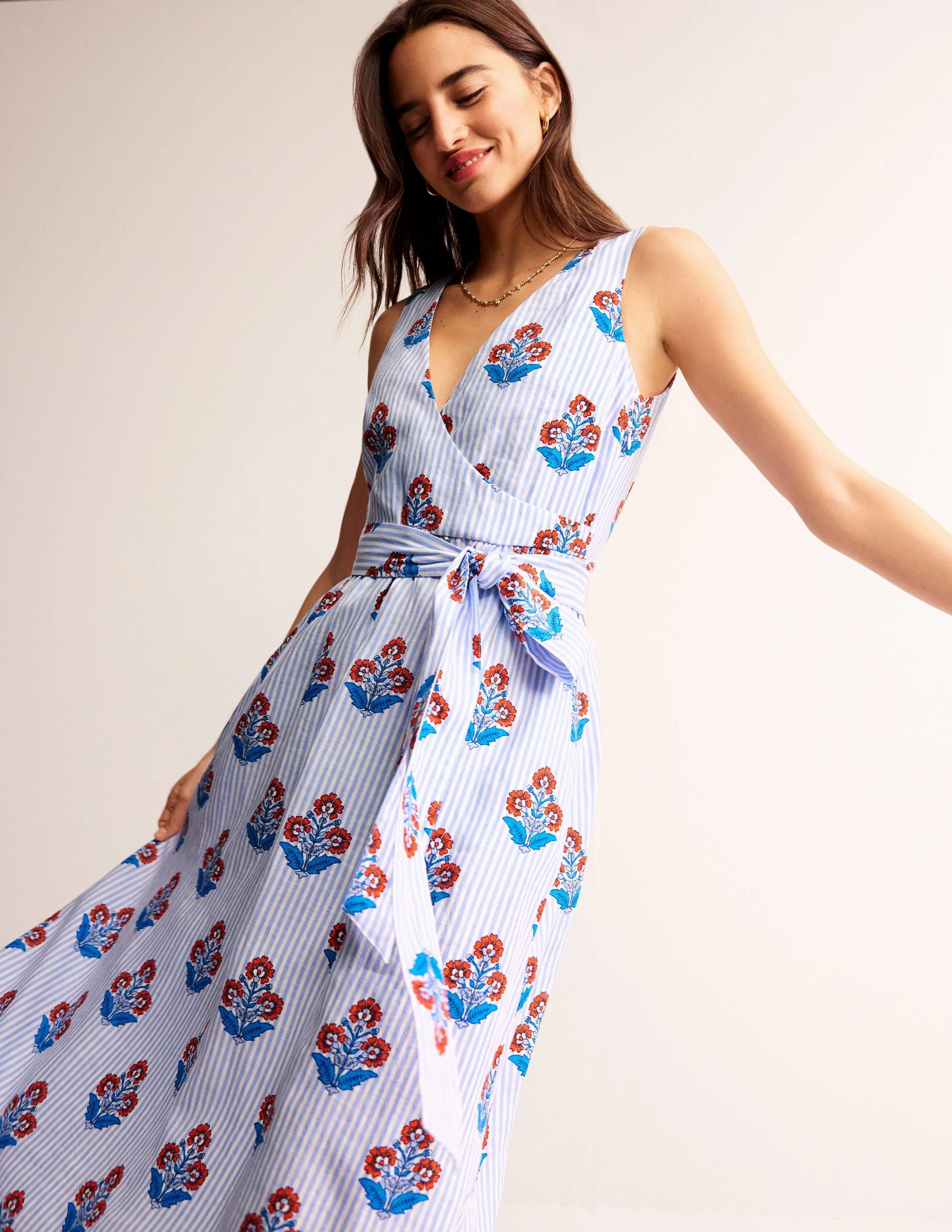 Sleek and Simple Open Back Linen Wrap Midi Dress-Mandarin Orange, Floret Stem