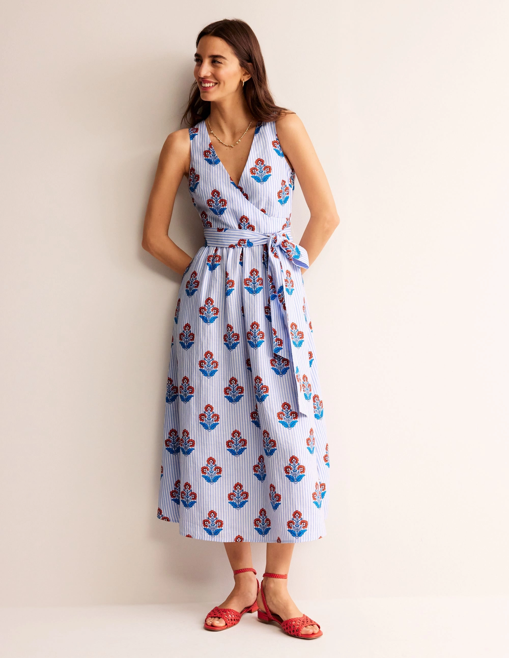 Sister Charm Linen Wrap Midi Dress-Mandarin Orange, Floret Stem