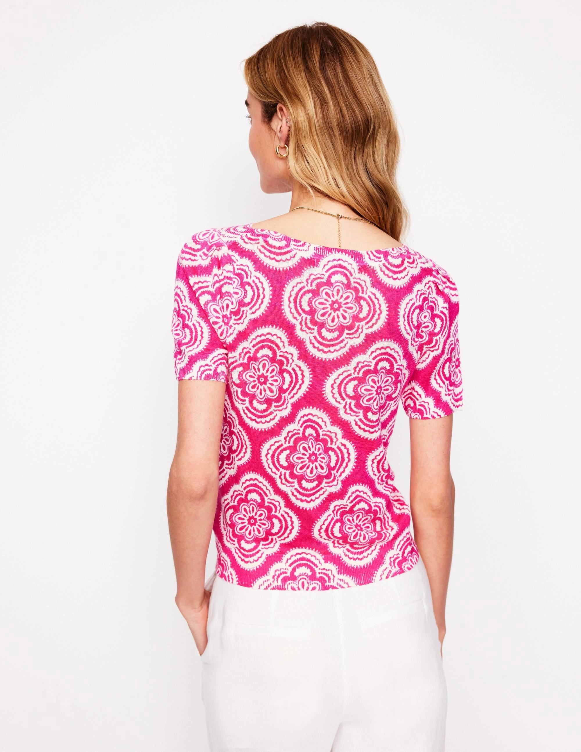 Liv Boat Neck Linen T-Shirt-Pink Peony, Botanic Blush NonRestrictive Cut