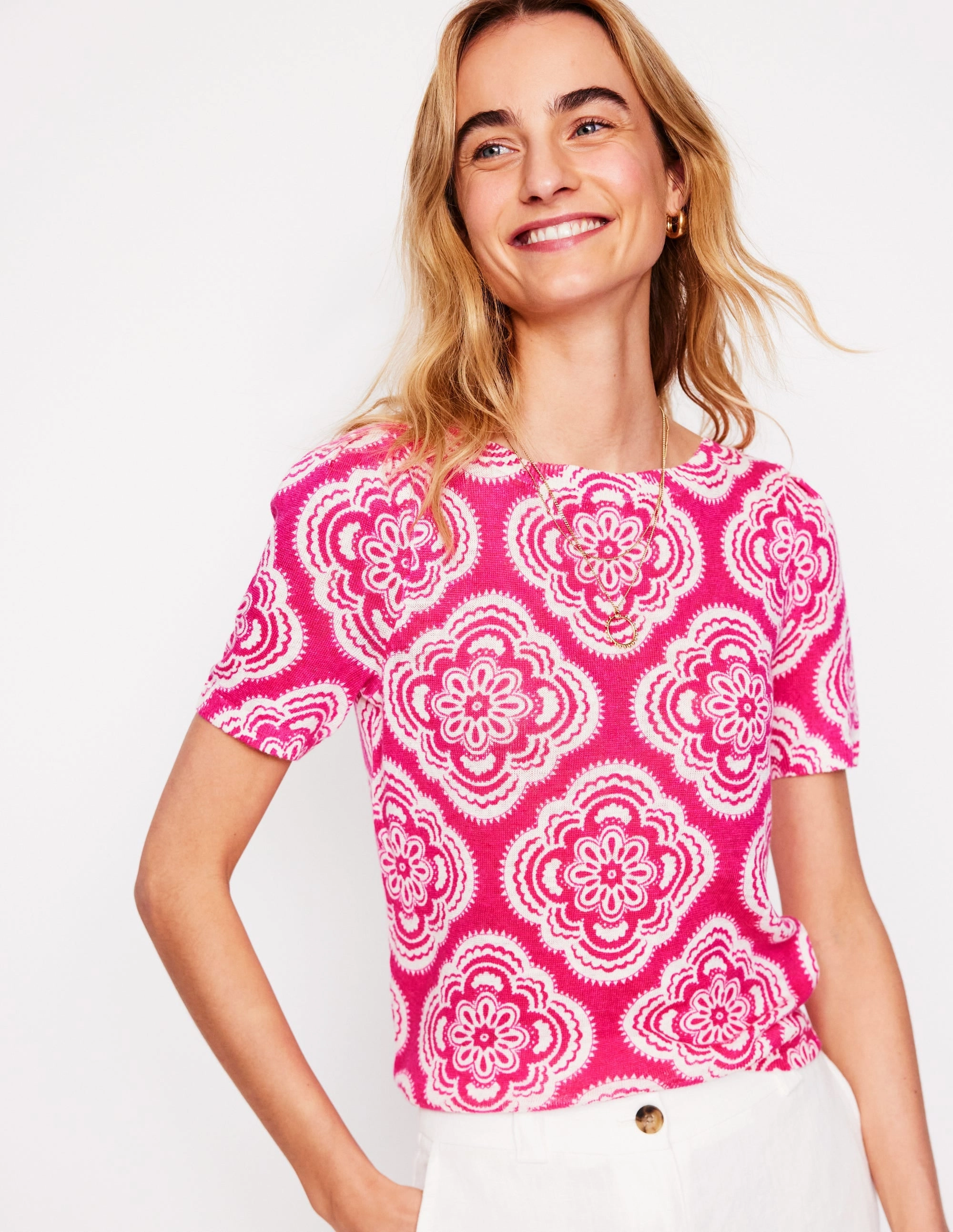 Machine Washable Design Liv Boat Neck Linen T-Shirt-Pink Peony, Botanic Blush