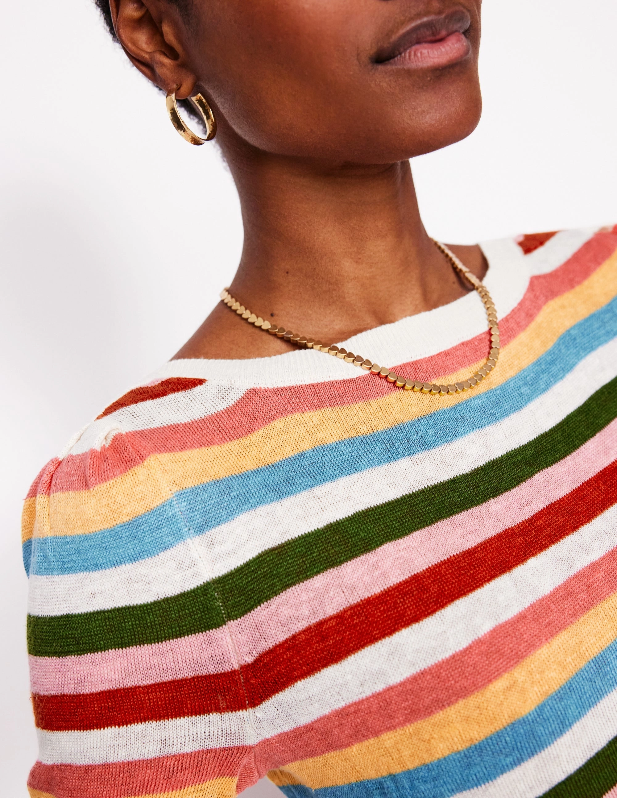 Winter Travel Simple Piece Liv Boat Neck Linen T-Shirt-Soft Multistripe Small