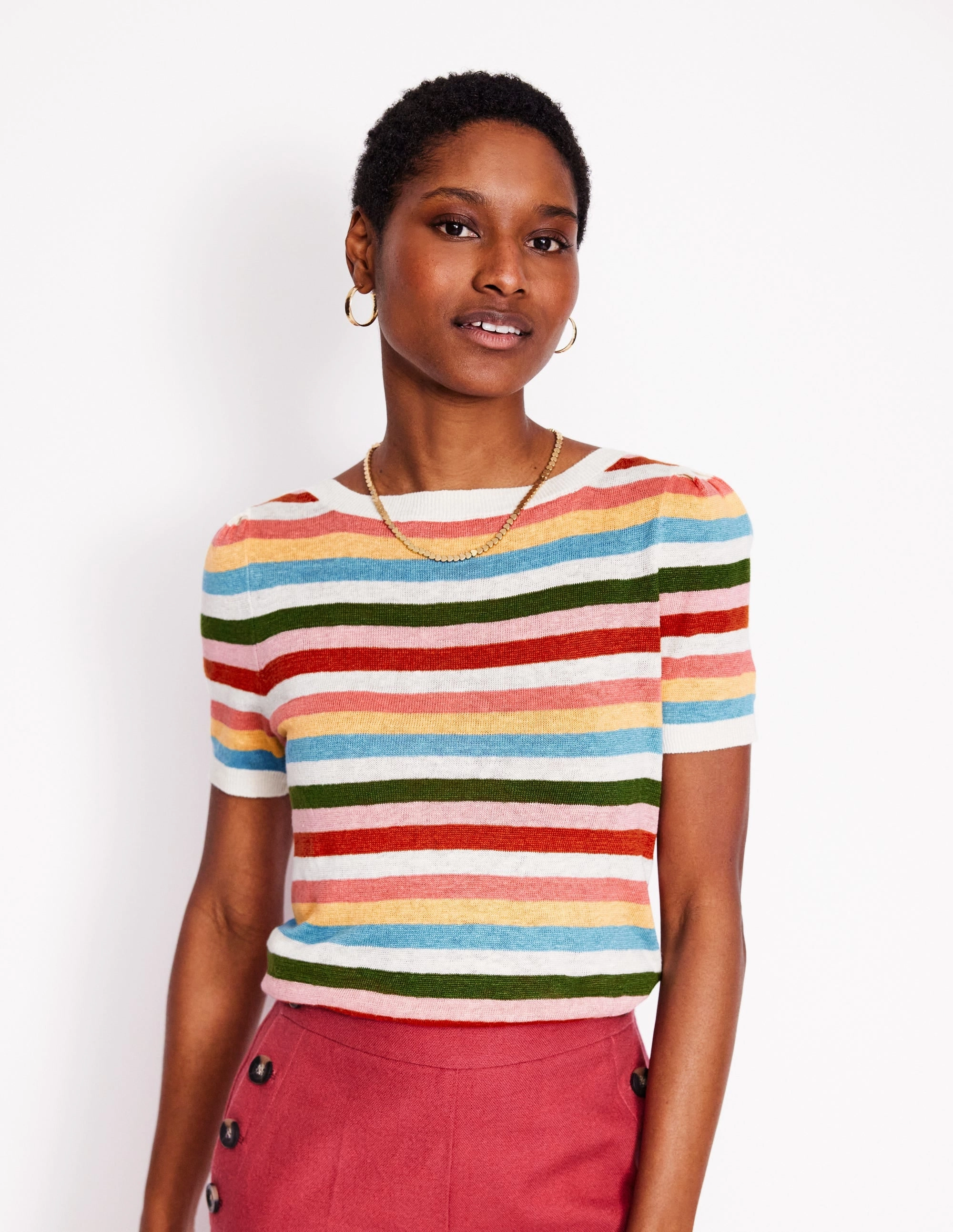 Liv Boat Neck Linen T-Shirt-Soft Multistripe Small SoftTouch Finish