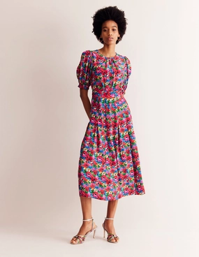 Liv Pleat Detail Midi Dress-Multi, Wild Poppy Fitted waist