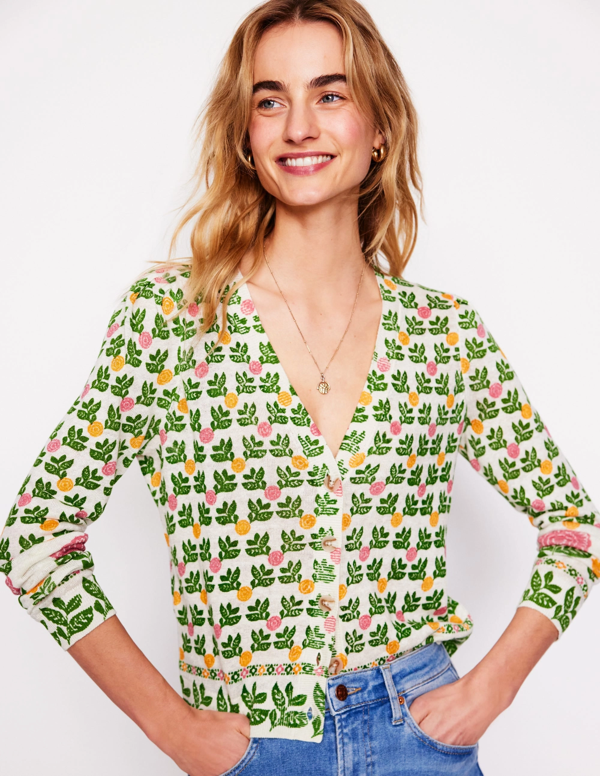 Liv V-Neck Linen Cardigan-Warm Ivory, Dahlia Garden Fall Wardrobe Work Day