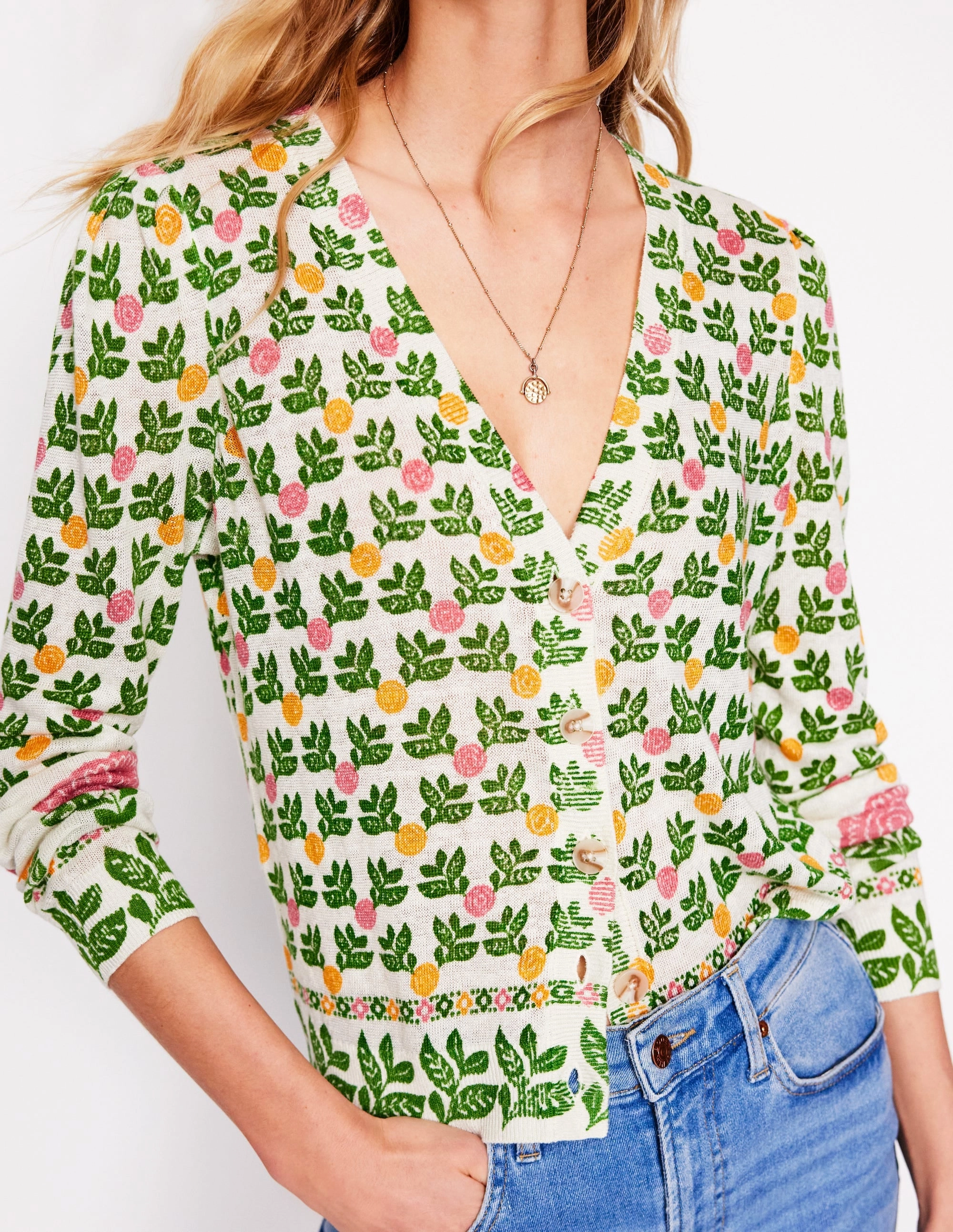 Liv V-Neck Linen Cardigan-Warm Ivory, Dahlia Garden Garment Shaping Panels EcoFriendly Dyeing