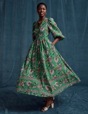 Lola Blouson Maxi Dress-Green, Botanica Terrace Silky Movement