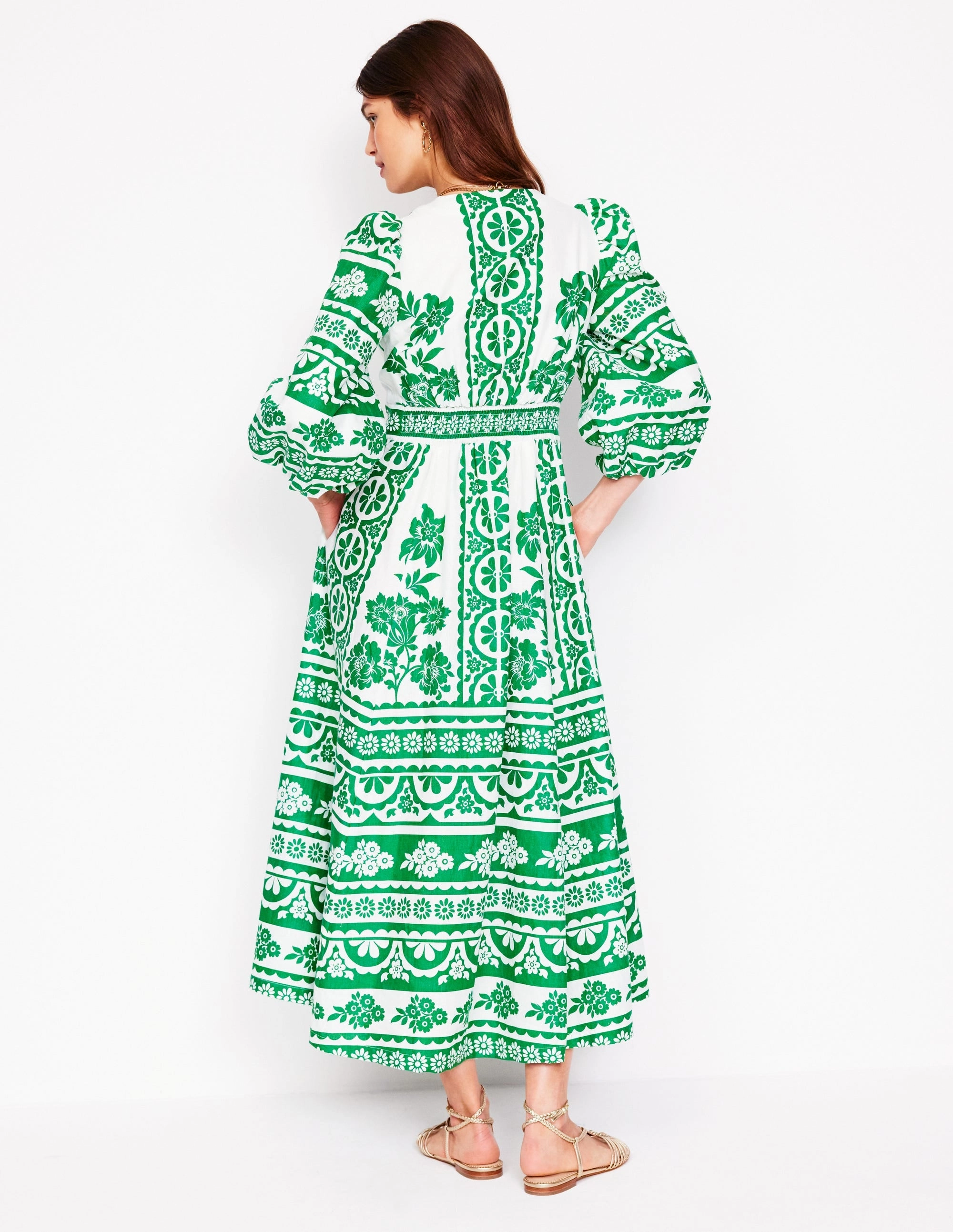 Lola Blouson Maxi Dress-Rich Emerald, Ornate Tropics Summer-Season Modern Lines