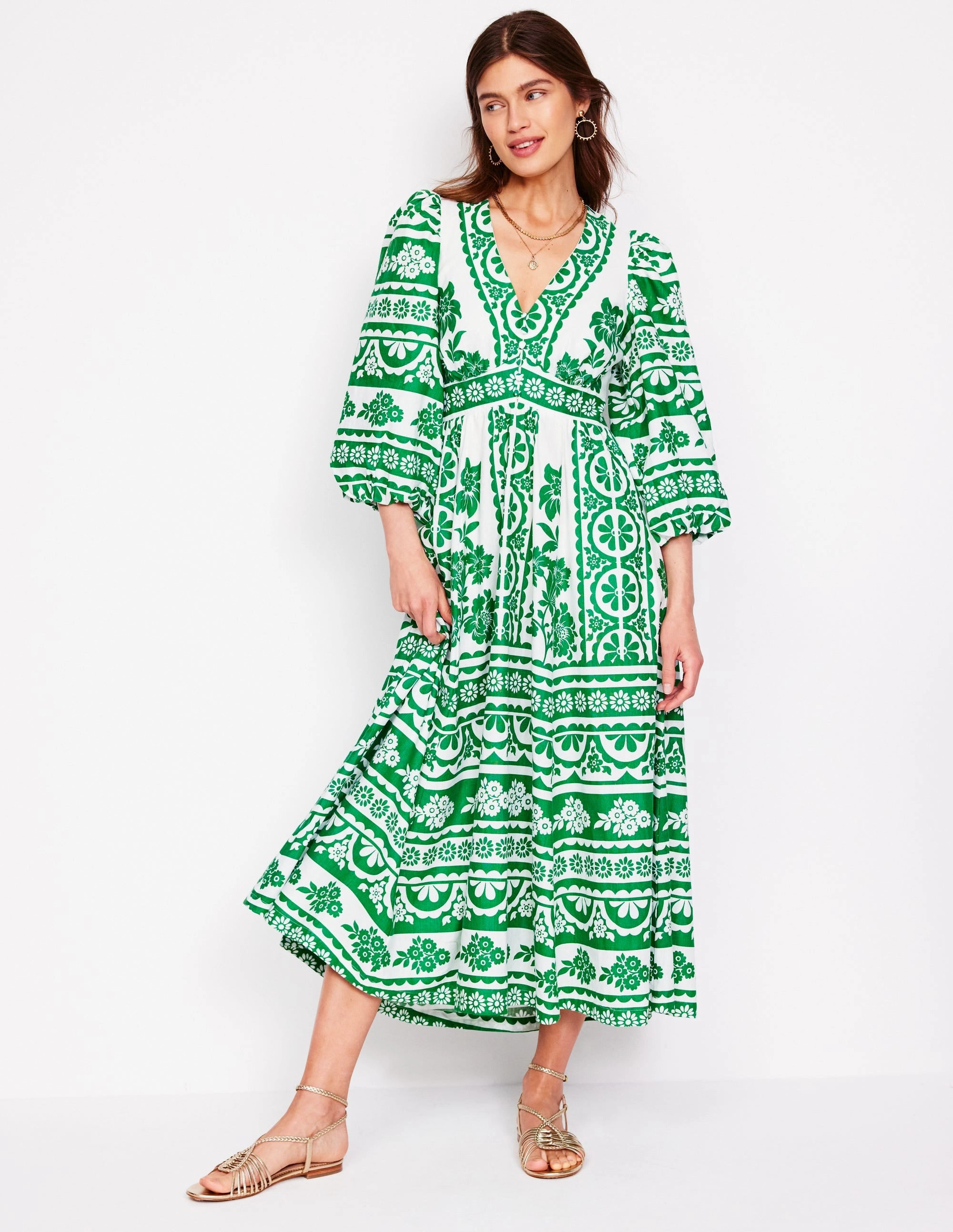 Lola Blouson Maxi Dress-Rich Emerald, Ornate Tropics Everyday-Use