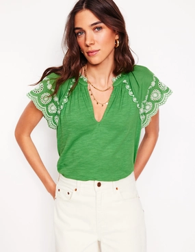 Bold Design Ila Broderie Sleeve Notch Top-Paradise Green