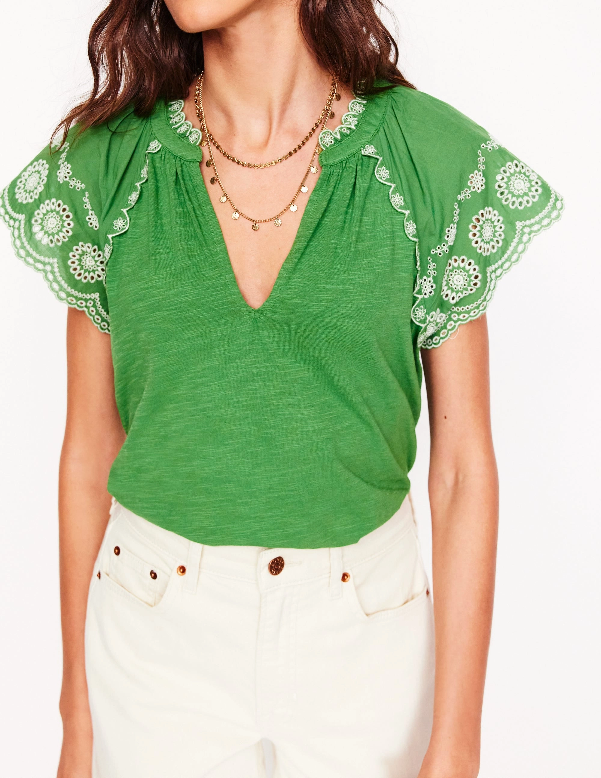 Quick Drying Ila Broderie Sleeve Notch Top-Paradise Green