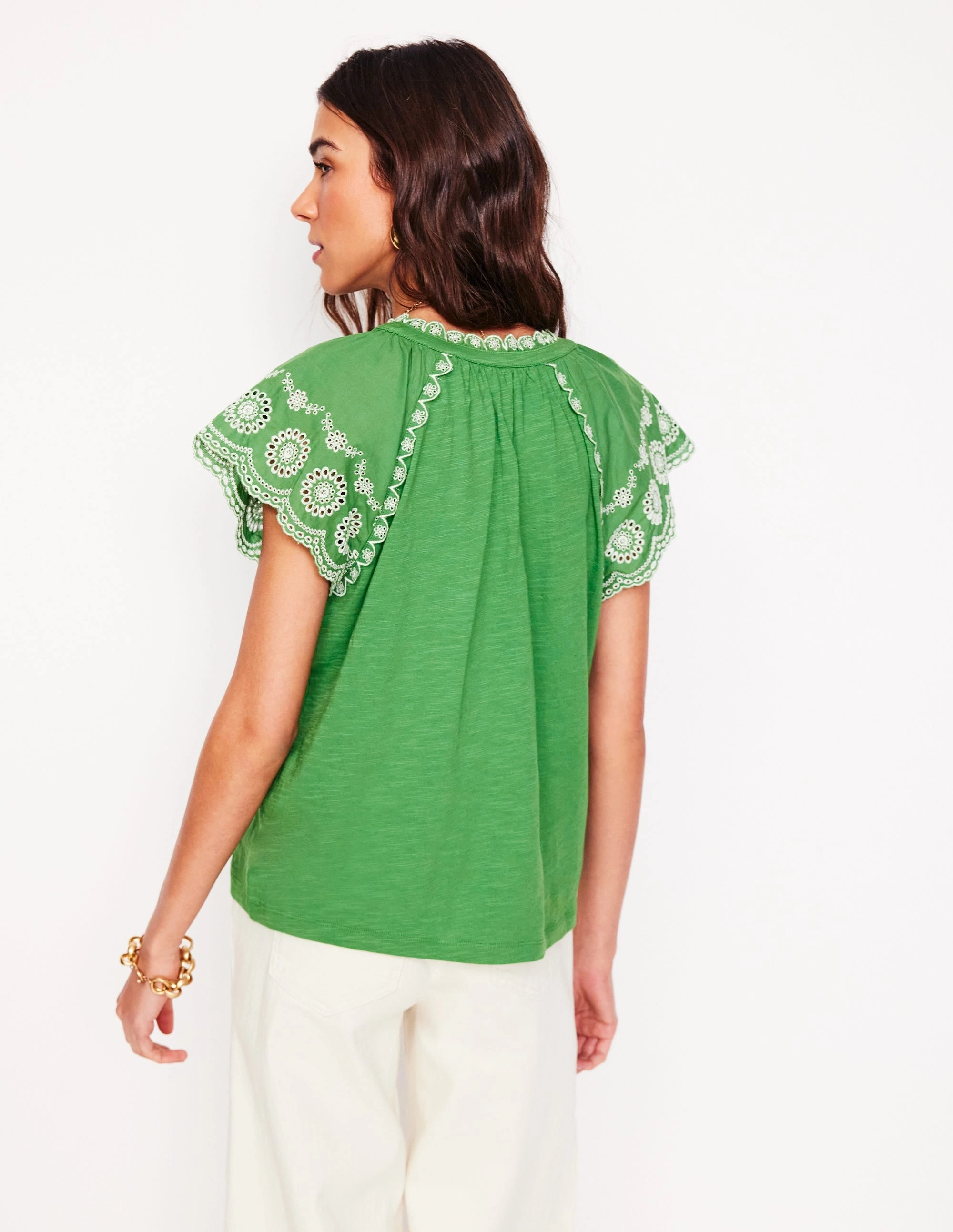 Ila Broderie Sleeve Notch Top-Paradise Green loose but not baggy Comfy Pieces