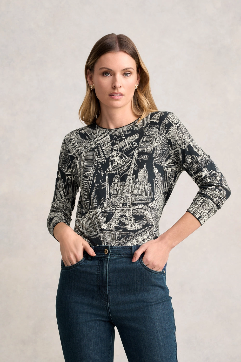 QuickDry Textile Long Sleeve Crew Neck Top - Ink France Capital Print