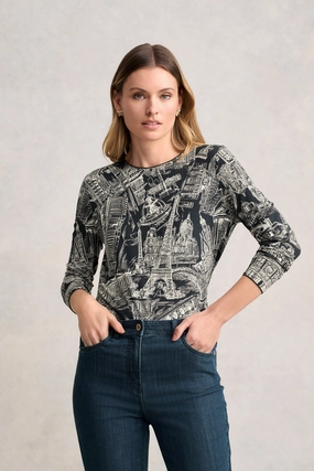 QuickDry Textile Long Sleeve Crew Neck Top - Ink France Capital Print