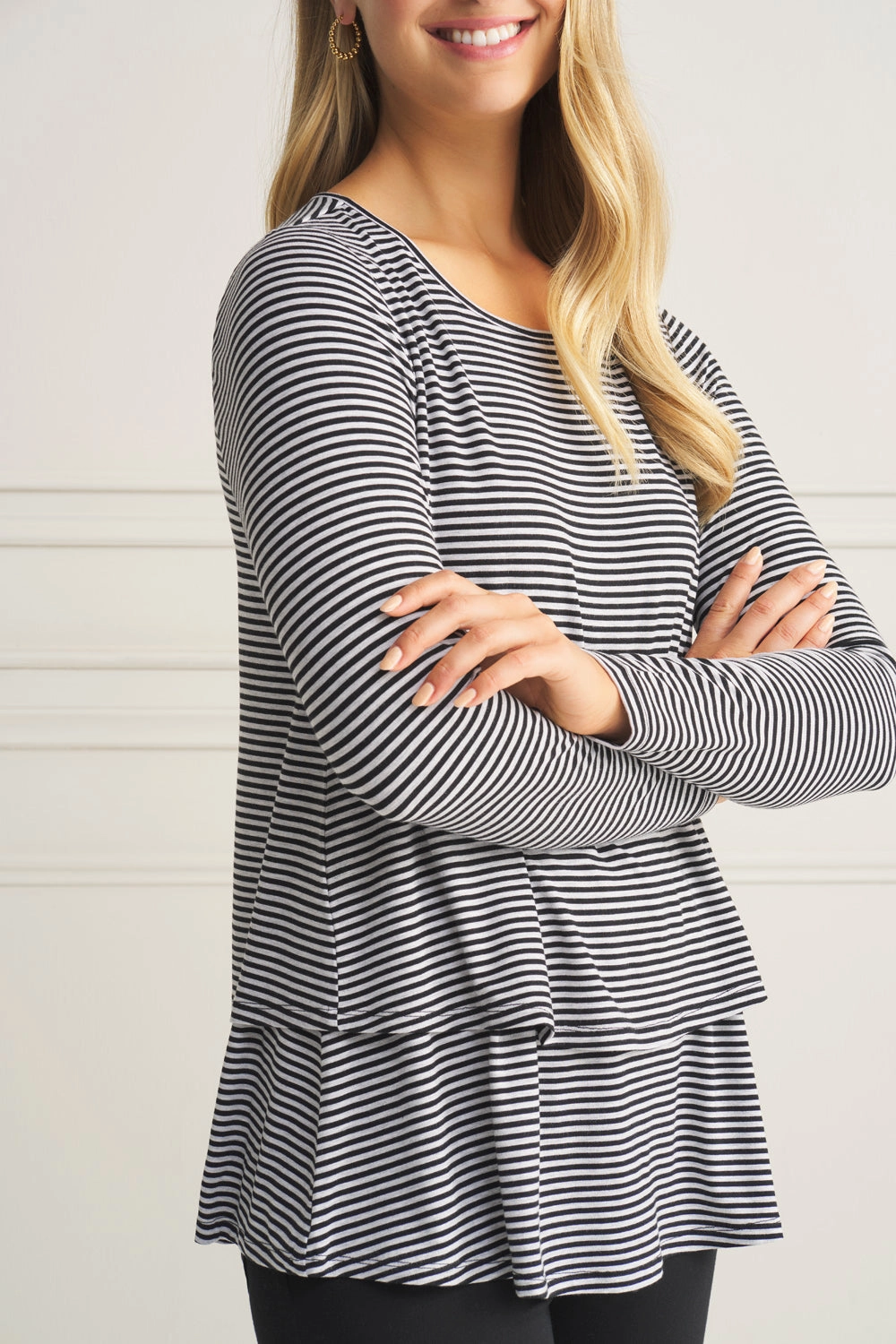 Drop Shoulder Design Ethical production Long Sleeve Layered Tee - Black & Grey Stripe