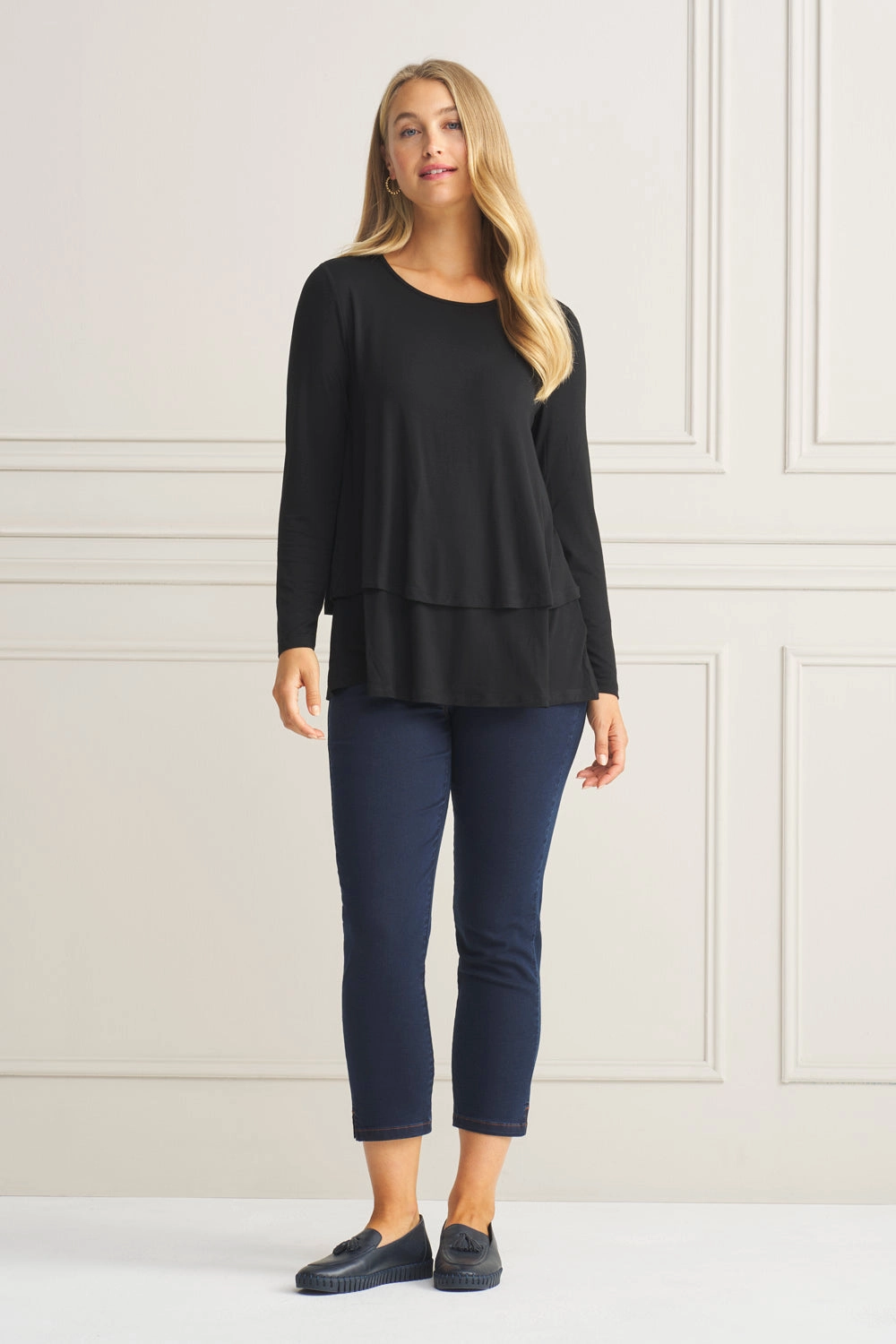 Long Sleeve Layered Tee - Black Stretch Woven Material Reversible Layering Tech