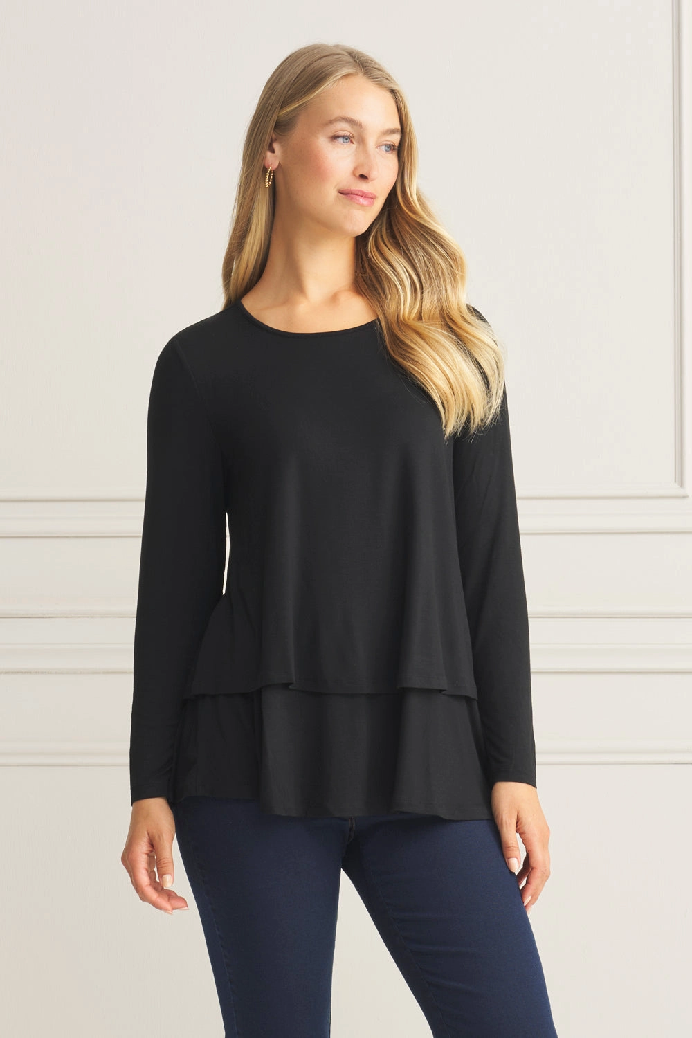 Circular Knit Soft Pullover Long Sleeve Layered Tee - Black