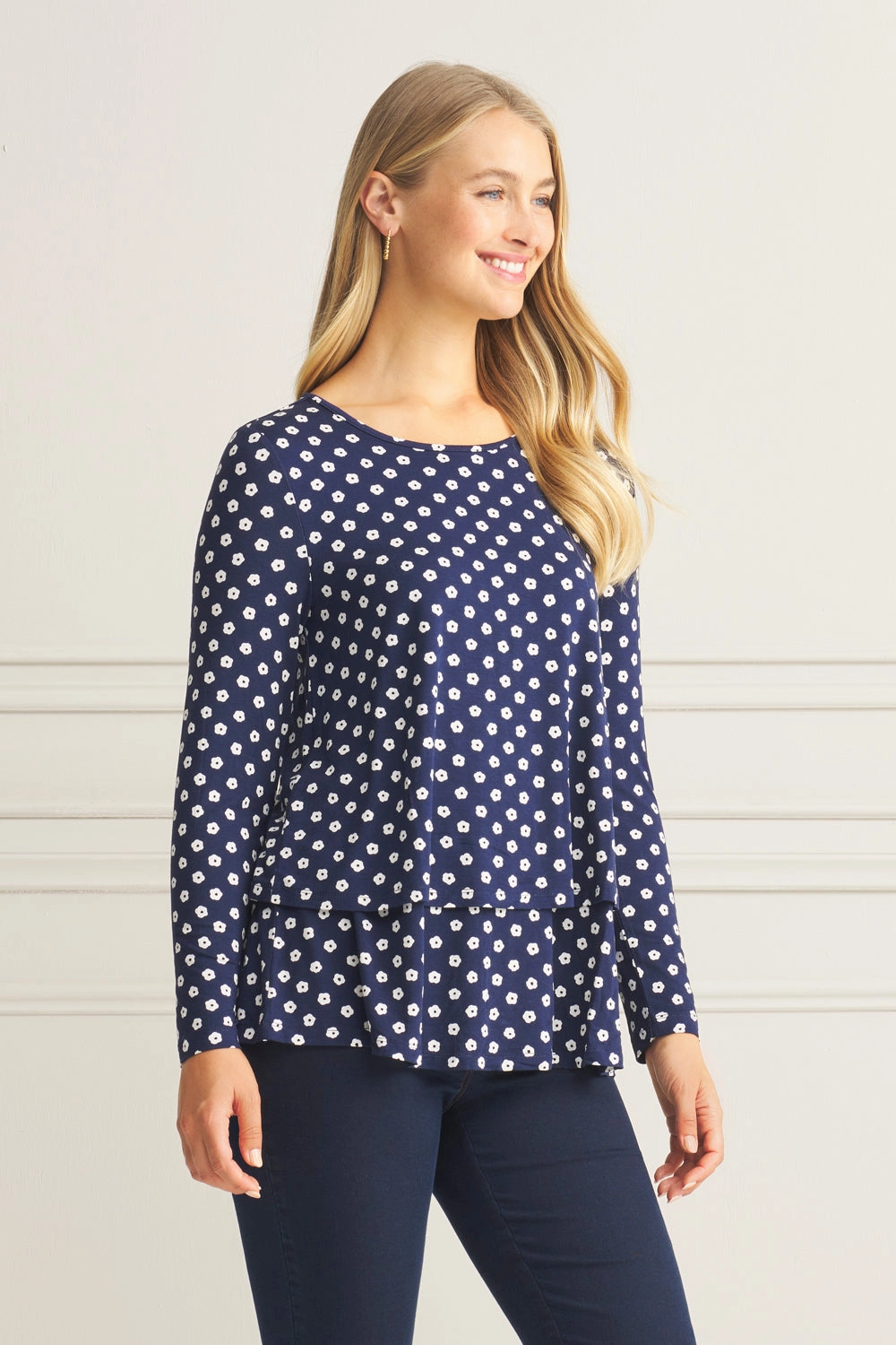 Long Sleeve Layered Tee - Floral Polka Dot Contrast Topstitching Detail Flatlock Seam Technique