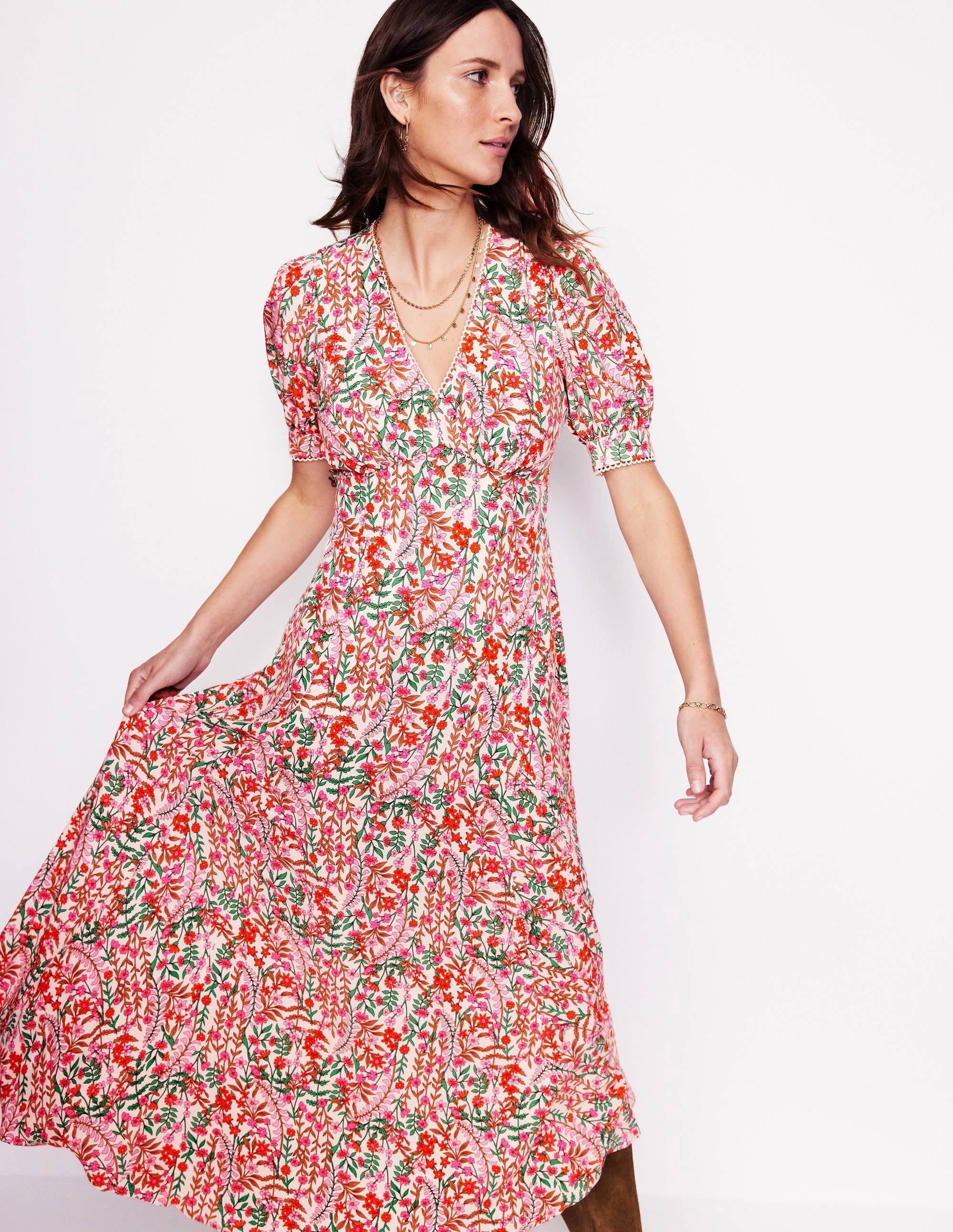 Rosie Godet Tea Dress-Multi, Foliage Bud Seasonal Wear