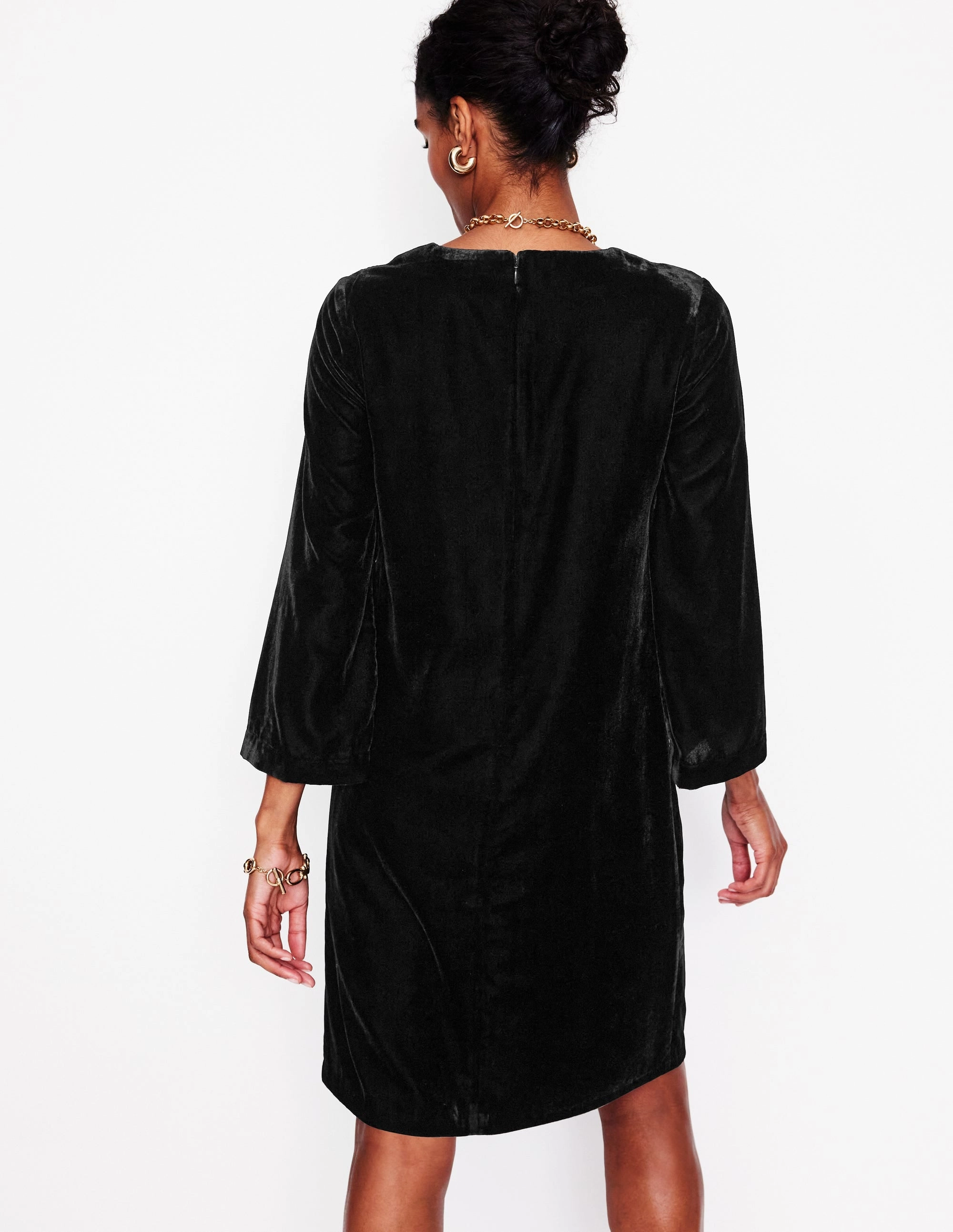 Long Sleeve Velvet Shift Dress-Black Floating Shape Slit-Hem