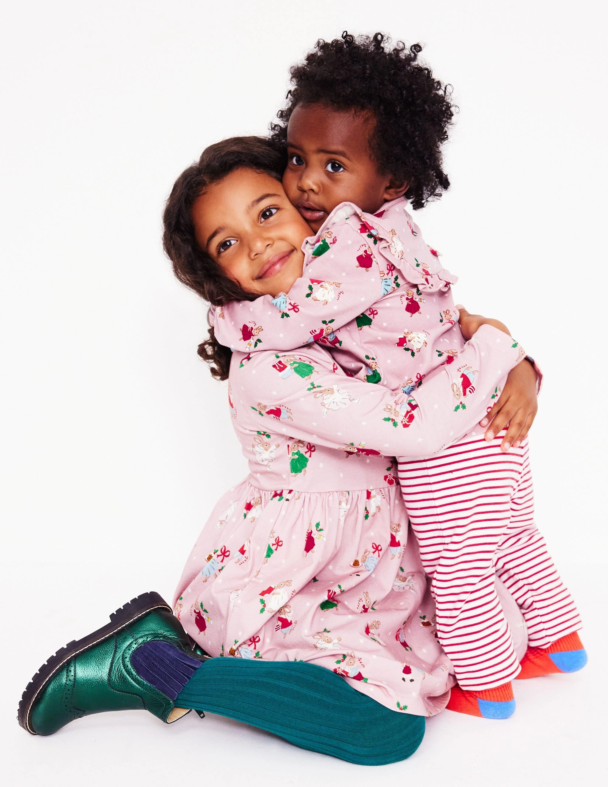 NoiseFreeFabric Layered Look Long-Sleeved Fun Jersey Dress-Vintage Pink Festive Bunny